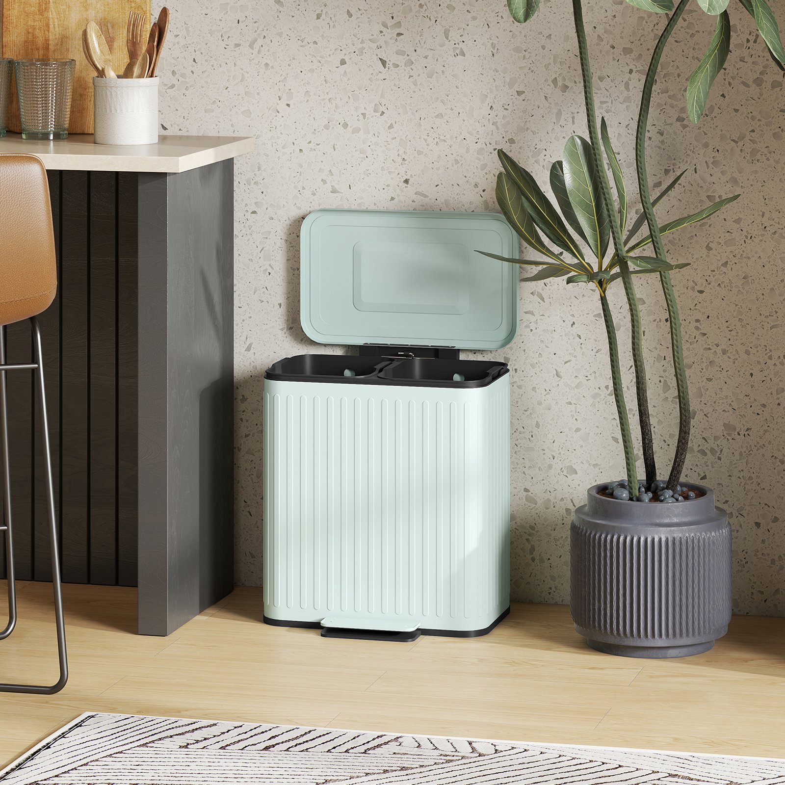 HOMCOM Dual Kitchen Bin, 2 x 20L Double Bin for Recycling and Waste, Fingerprint-proof Pedal Bin with Soft-Close Lid, Removable Inner Buckets, Green - Image 9