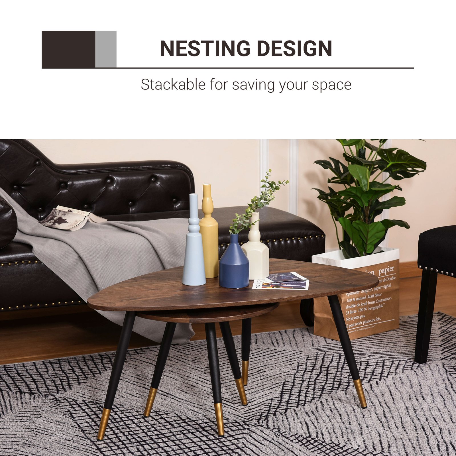 HOMCOM Set of Two Scandinavian-Style Coffee Tables - Walnut - Image 7