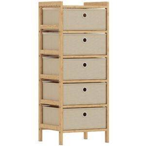 HOMCOM Chest of Drawers, 5 Fabric Drawers Narrow Dresser with Bamboo Frame, Cream White