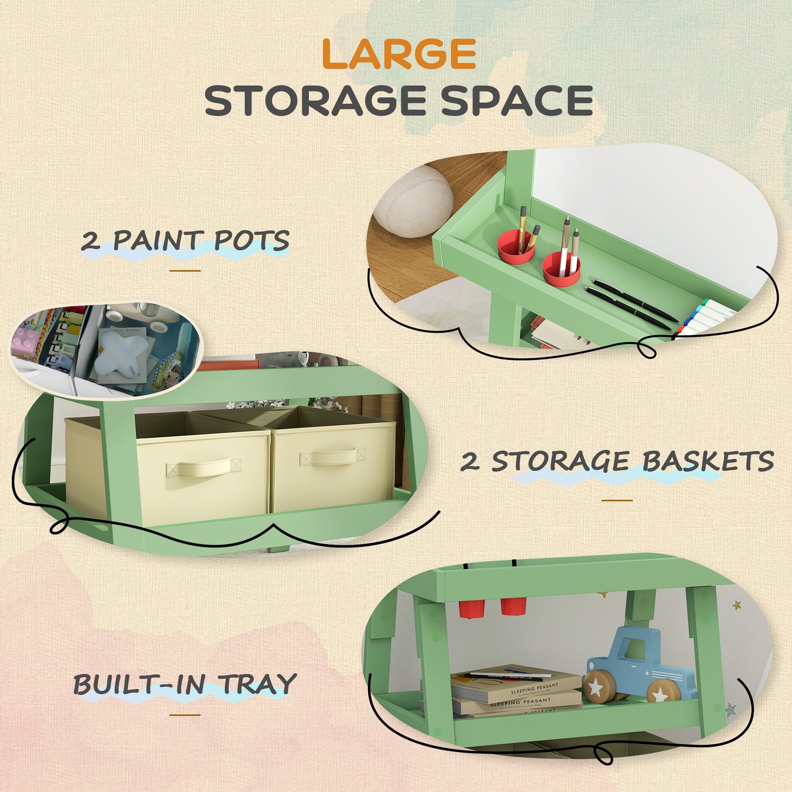 AIYAPLAY 3 in 1 Kids Easel Double-Sided Magnetic Whiteboard and Chalkboard with Paper Roll, Storage Baskets - Green - Image 5