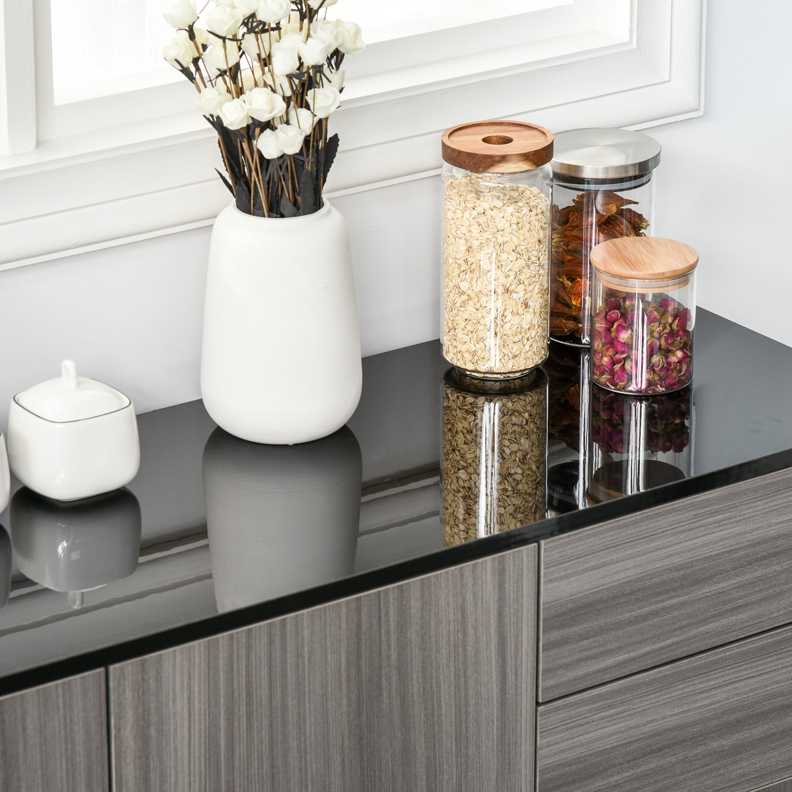 HOMCOM High Gloss Side Cabinet, Push-Open Design with 2 Drawers and 2 Cabinets for Living Room, 74H x 117W x 36Dcm, Light Grey and Black - Image 9