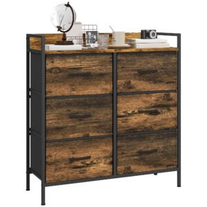 HOMCOM Rustic Chest of Six Fabric Drawers - Rustic Brown