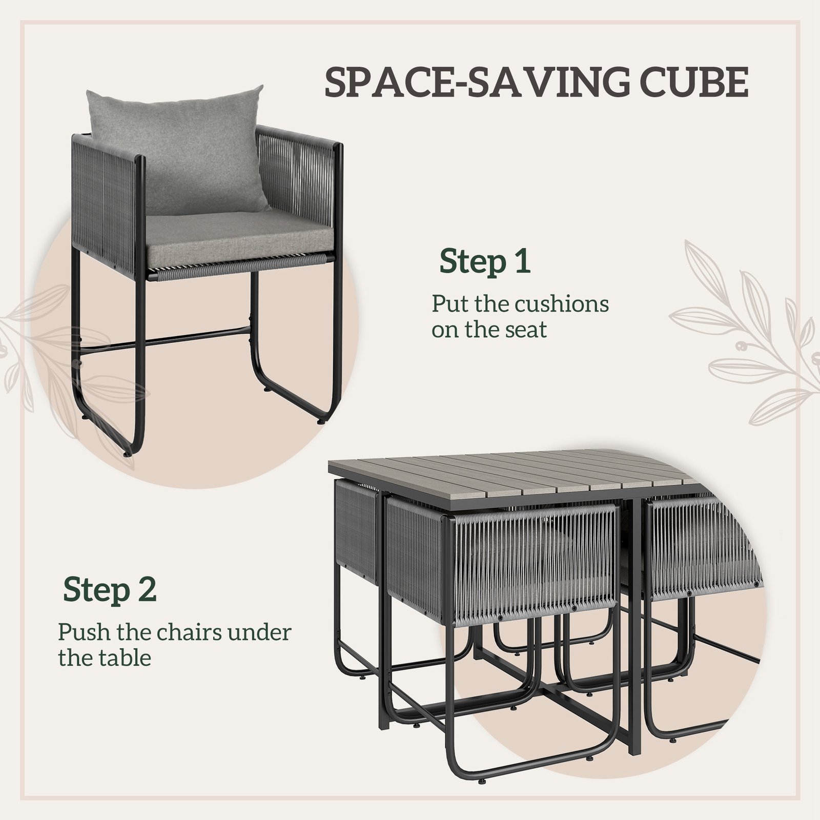 Outsunny 4 Seater Rattan Cube Garden Furniture Set, Rattan Dining Set with Cushions, Outdoor Dining Table and Chairs with Rectangular Wood Grain Plastic Top Table for Patio, Balcony, Grey - Image 7