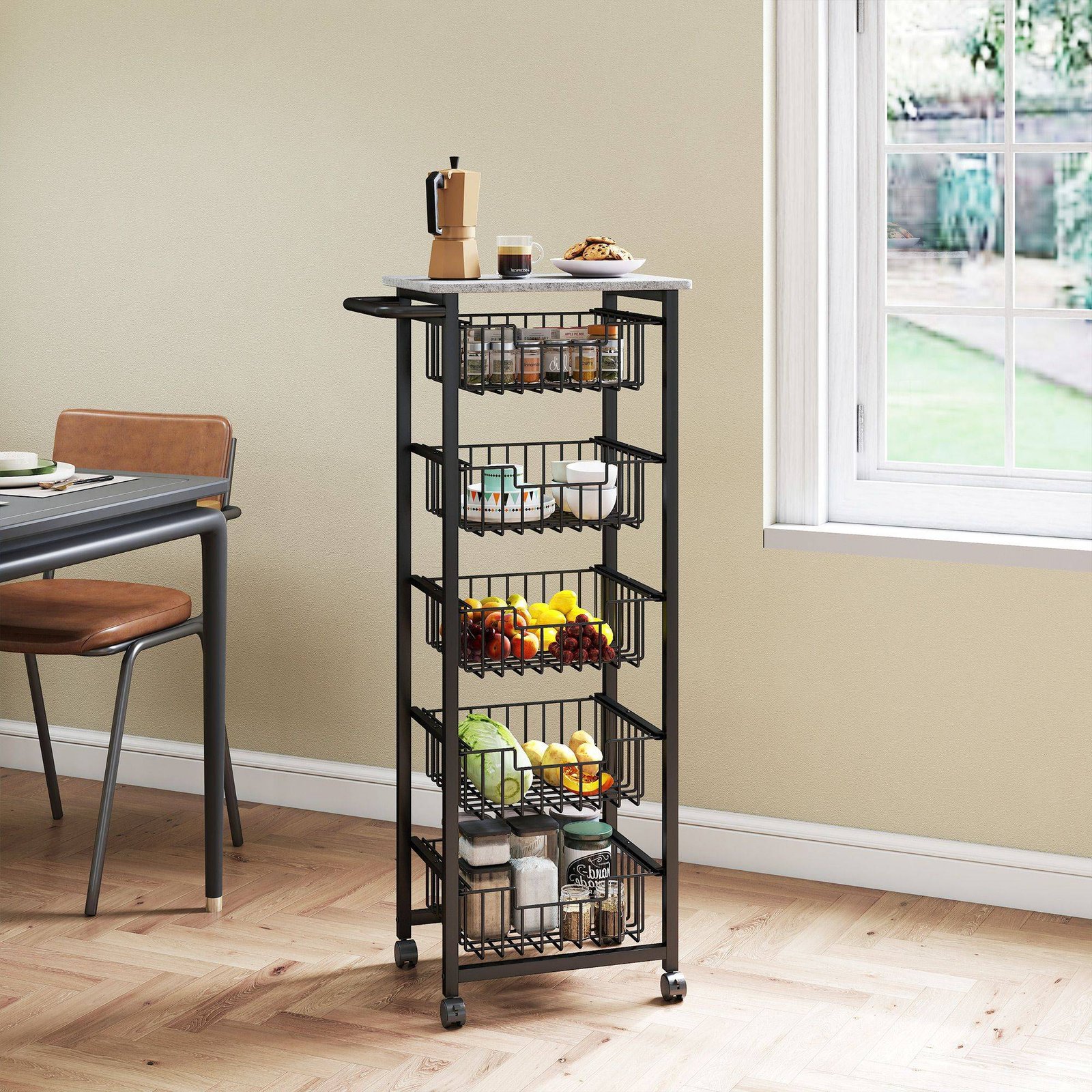 HOMCOM Five Basket Mobile Kitchen Island, with Brakes - Grey/Black - Image 7
