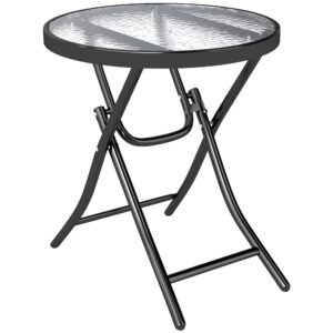 Outsunny Foldable Garden Table, Round Folding Table with Glass Tabletop and Safety Buckle for Patio, Garden, Outdoor, Indoor, Black