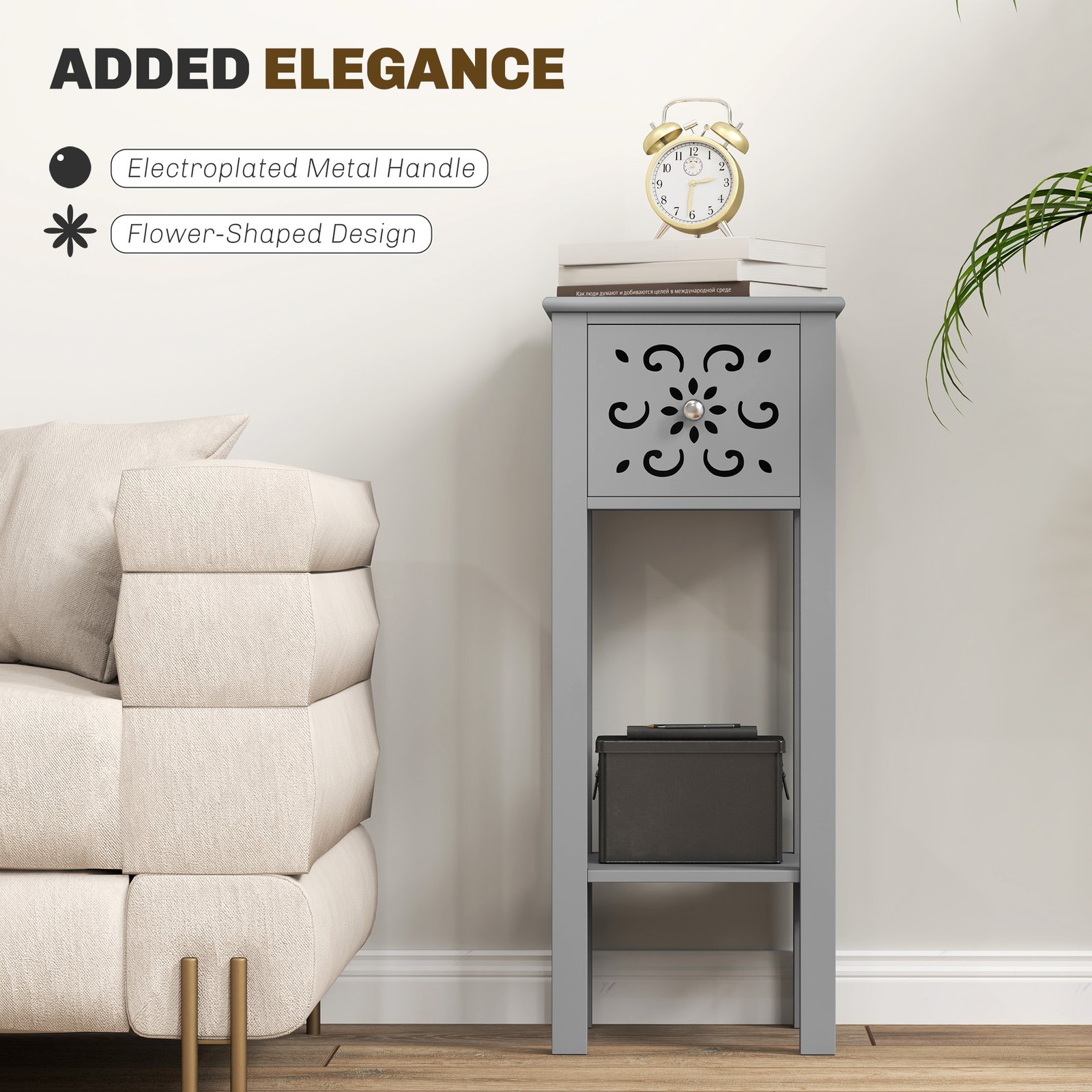 HOMCOM Set of Two Elegant Floral Cut-Out Side Tables - Grey - Image 4