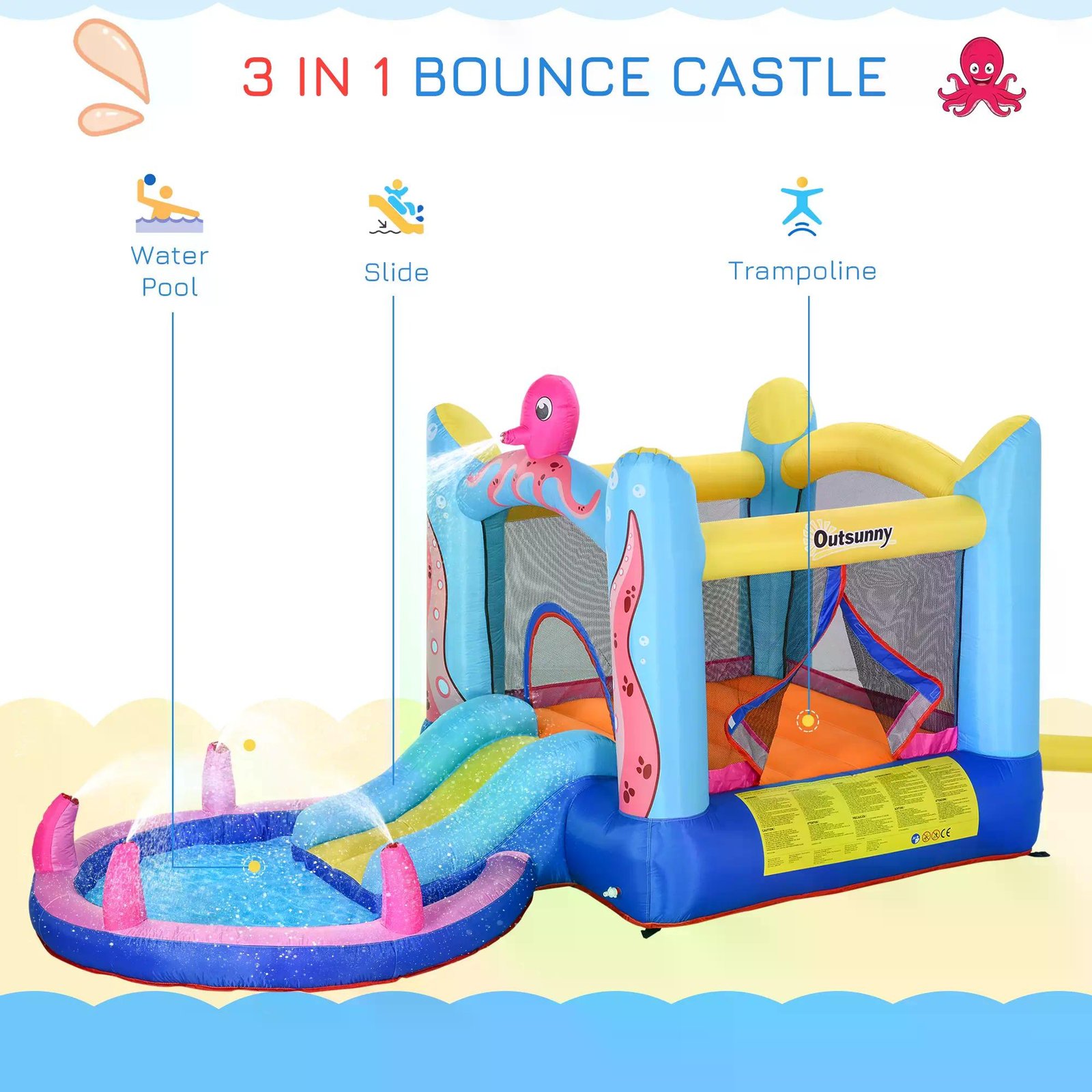 Outsunny Bounce Castle Inflatable Trampoline Slide Pool Octopus Design 3.8 x 2 x 1.8m - Image 5
