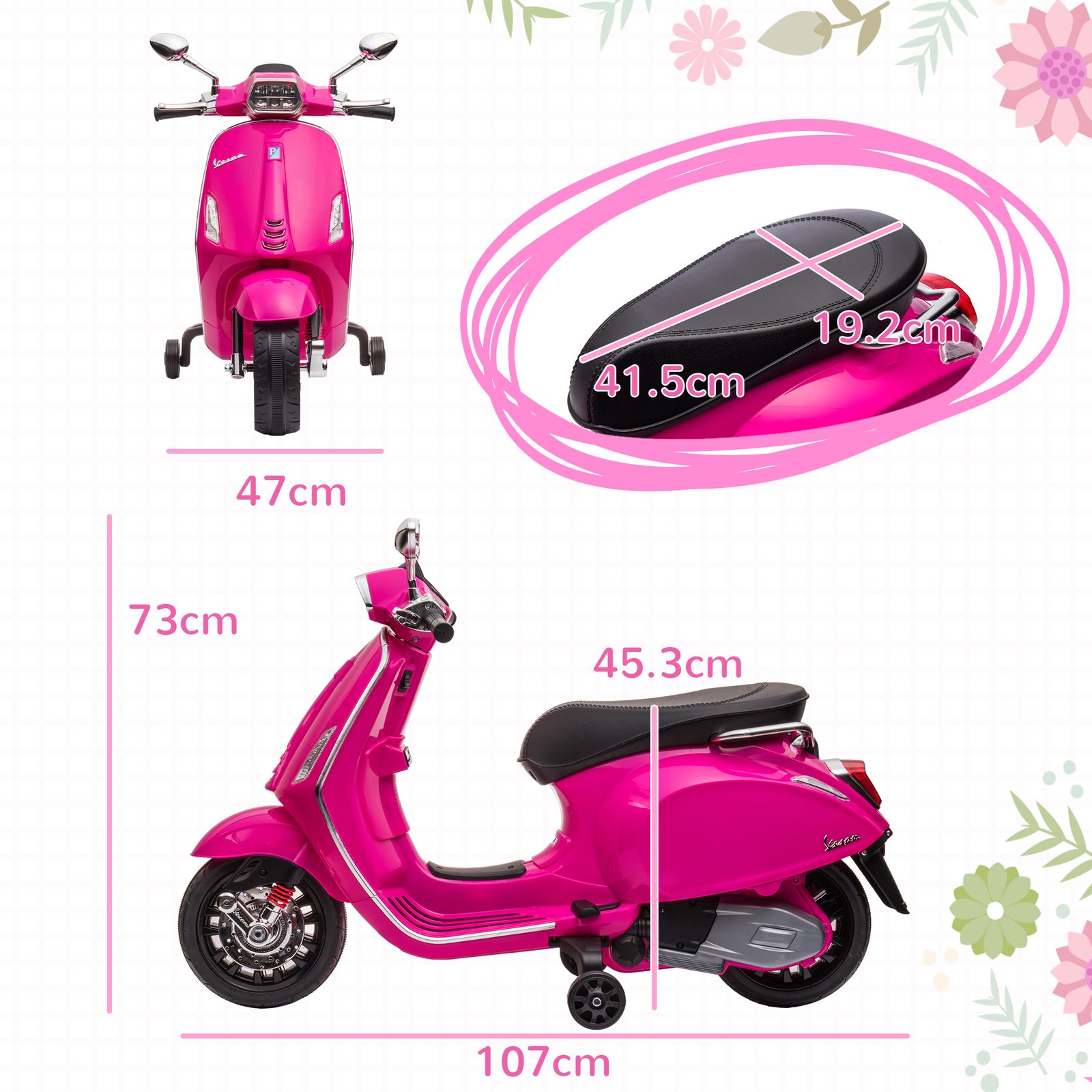 AIYAPLAY 12V Vespa Licensed Kids Electric Motorbike w/ Music, Headlights, FM Radio, for 3-6 Years - Pink - Image 3