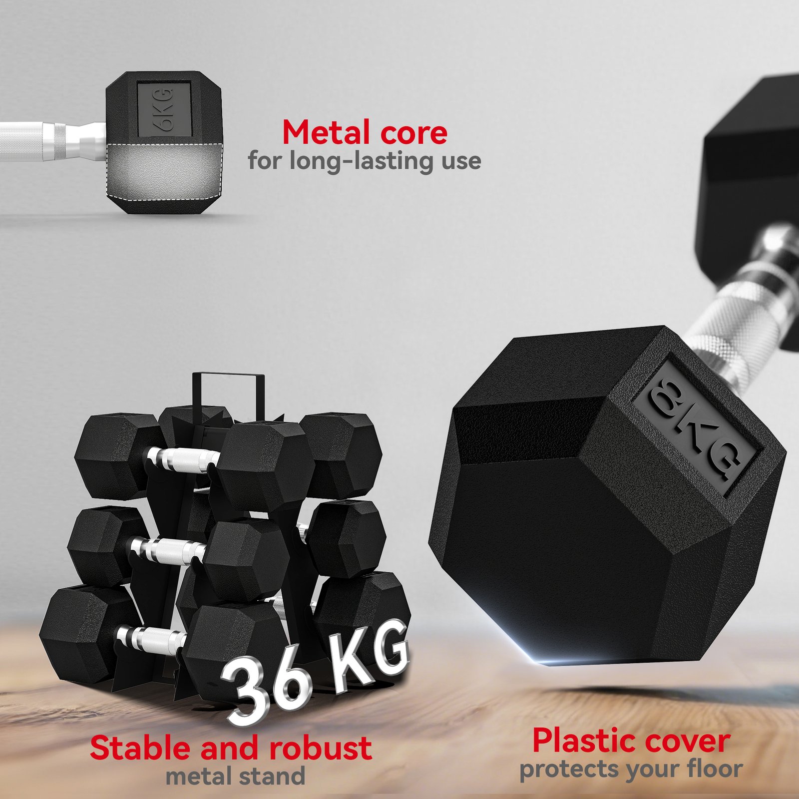 SPORTNOW Hex Dumbbell Set with Weights Storage Rack, Rubber Coated Dumbbells, Non-Slip Chrome Handles, Space-Saving for Home Gym Weight Lifting Strength Training, 2 x 4kg, 2 x 6kg, 2 x 8kg - Image 6