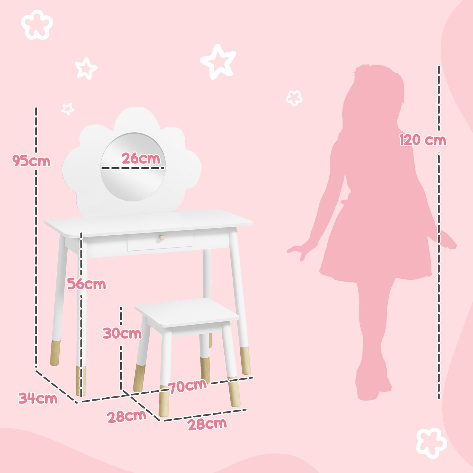 AIYAPLAY Kids Dressing Table with Mirror, Stool, Drawer, Cloud Design, White - Image 3