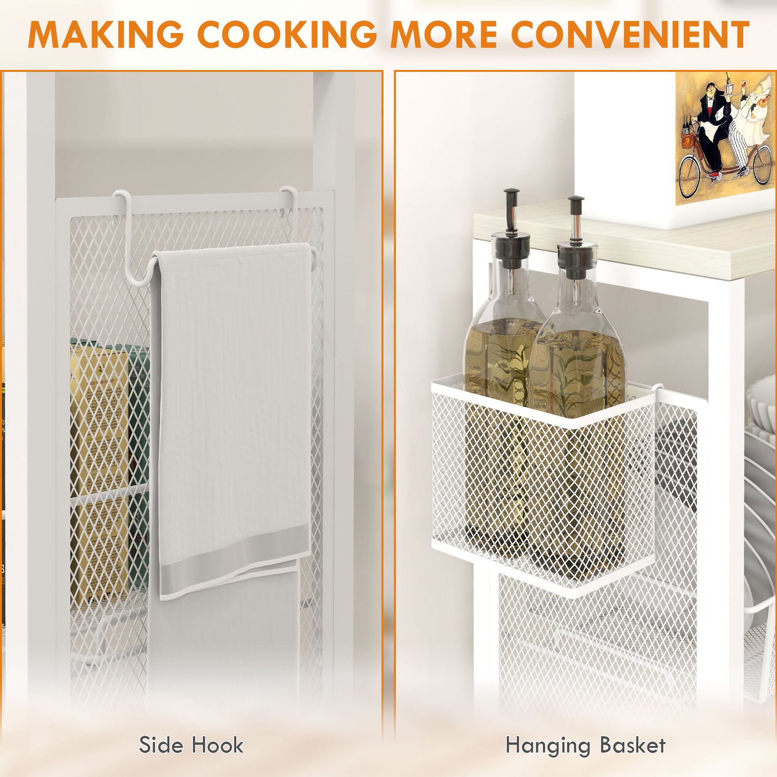 HOMCOM 3-Tier Kitchen Cart with 3 Steel Wire Baskets - White - Image 5