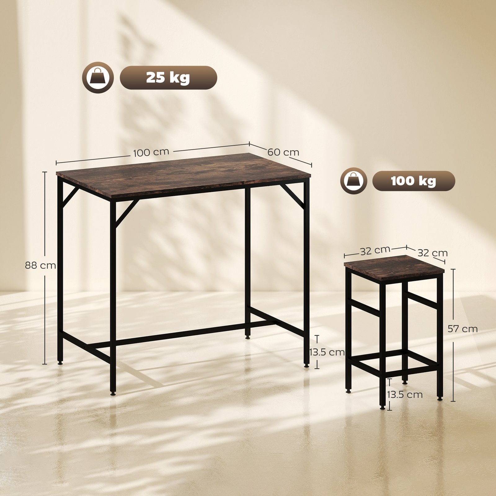 HOMCOM 5-Piece Breakfast Bar Table and Stools Set, Kitchen Bar Table Set with High Table and 4 Stools, Space Saving Compact Dining Furniture for Small Spaces, Rustic Brown - Image 3