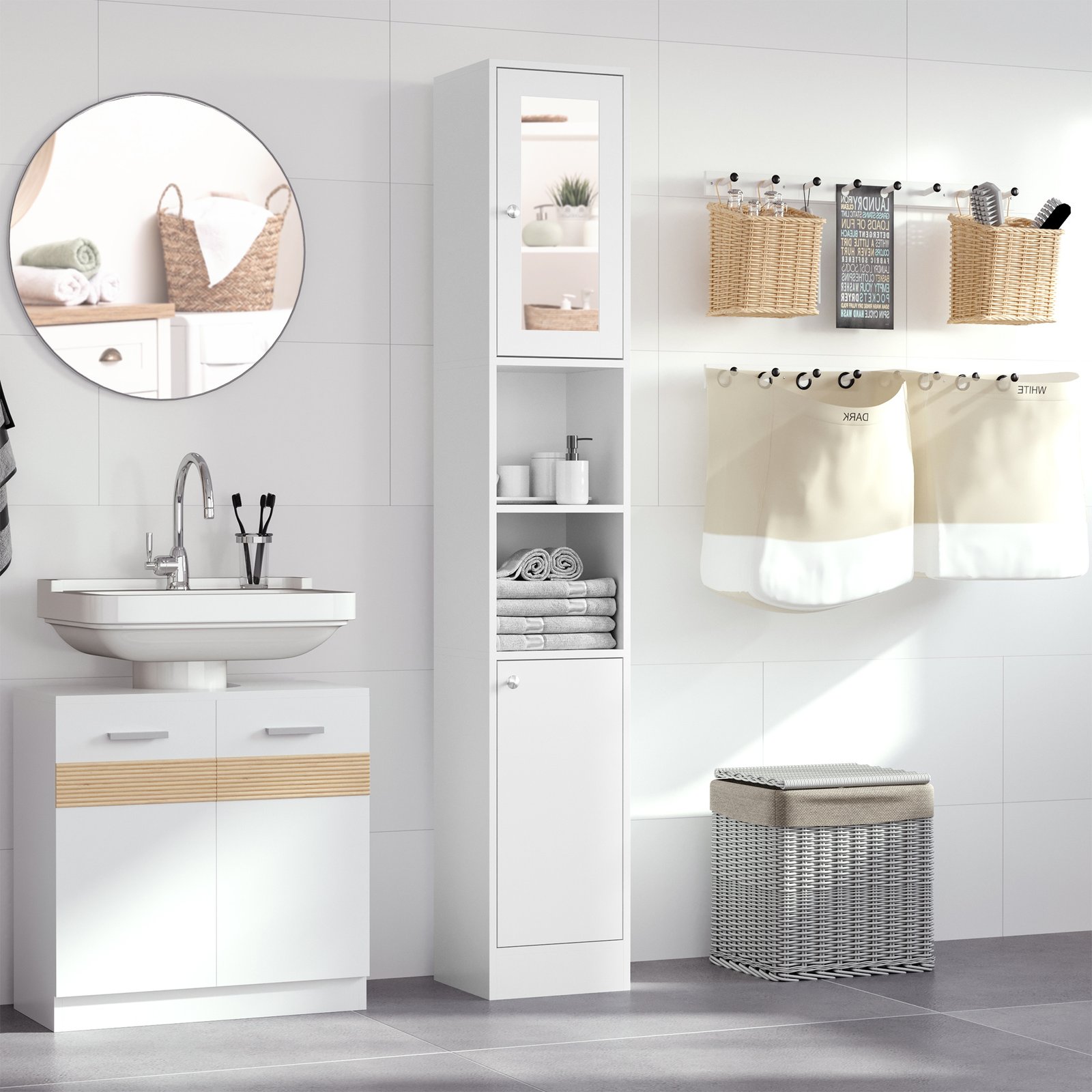 kleankin Tall Bathroom Storage Cabinet with Mirror, Freestanding Floor Cabinet Tallboy Unit with Adjustable Shelves, White - Image 2