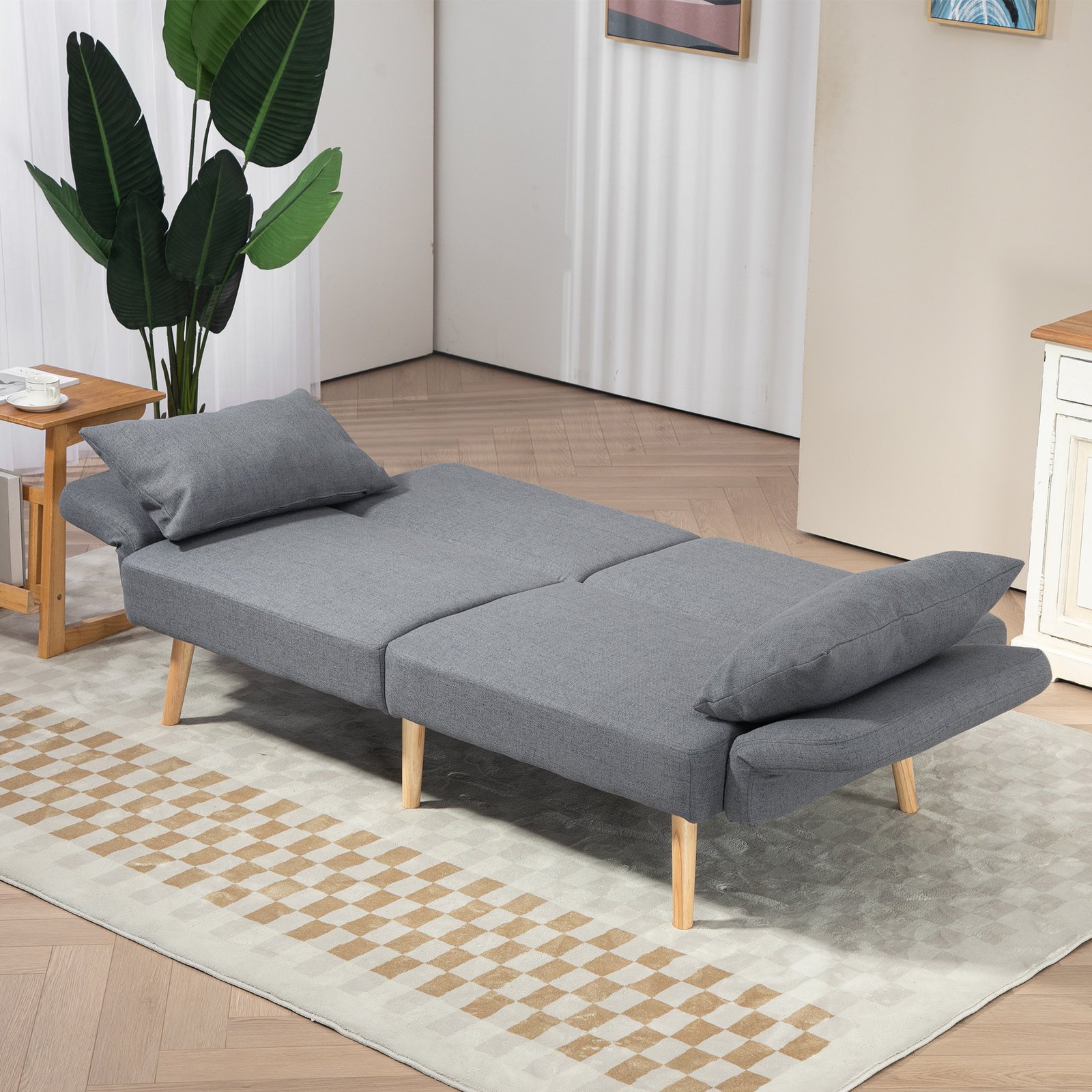 HOMCOM Two-Seater Click-Clack Sofa Bed, with Pillows - Grey - Image 8