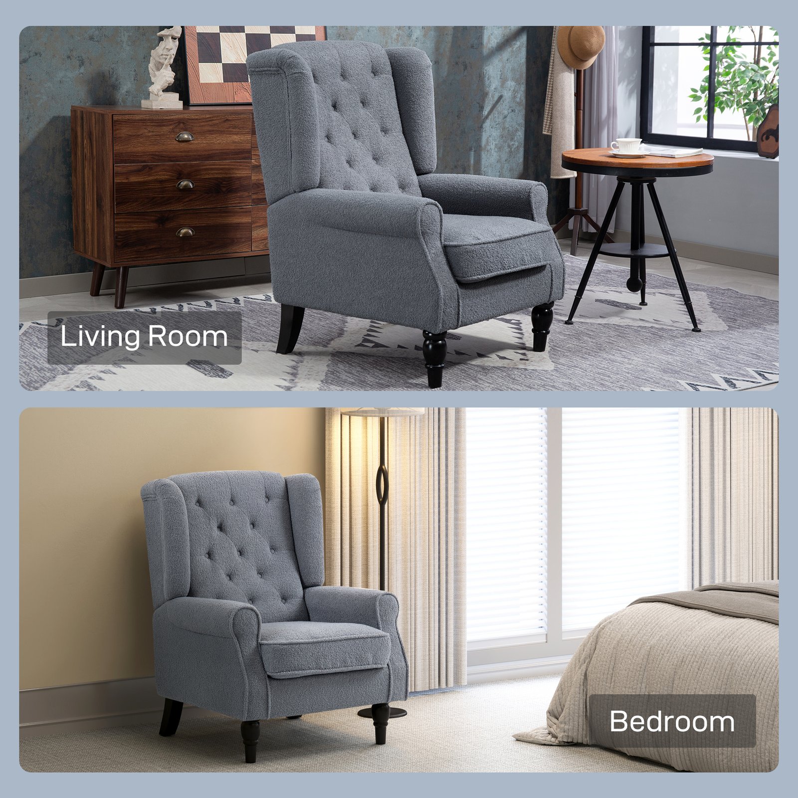 HOMCOM Wingback Accent Chair, Retro Upholstered Button Tufted Occasional Chair for Living Room and Bedroom, Grey - Image 9
