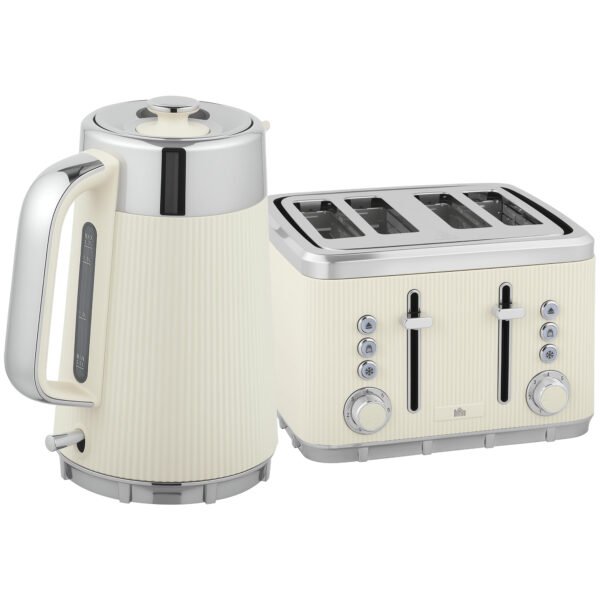 HOMCOM Electric Stainless Steel Kettle and Toaster Set, 3000W 1.7L UK Strix Thermostat Fast Boil Kettle w/ Limescale Filter, Cool Touch Body, 4 Slice Toaster with 7 Browning Levels, Cream White