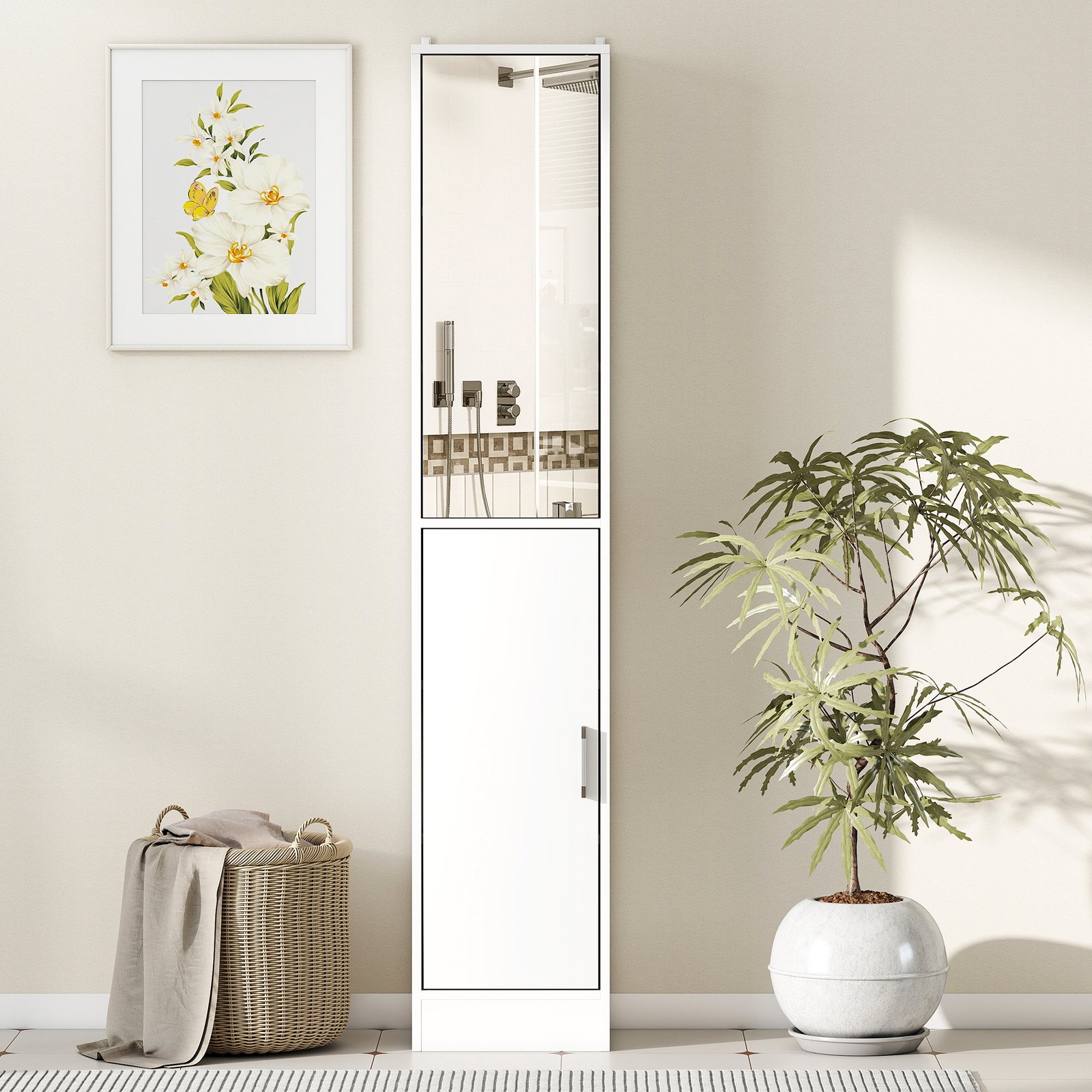 kleankin Tall Bathroom Cabinet with Mirror and Adjustable Shelf - White - Image 7