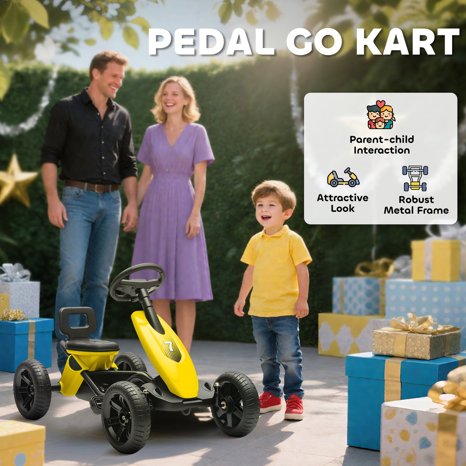 AIYAPLAY Pedal Go Kart for Kids 2-5 Years, with Silent EVA Wheels, Metal Frame, Yellow - Image 4