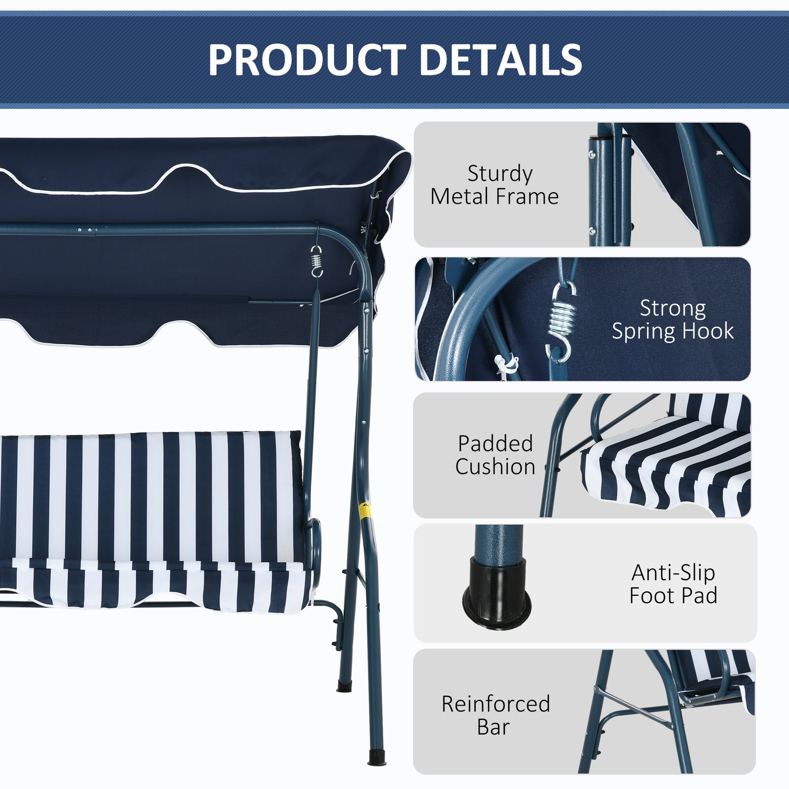 Outsunny 3 Seater Garden Swing Seat Chair Outdoor Bench with Adjustable Canopy and Metal Frame, Blue Stripes - Image 5