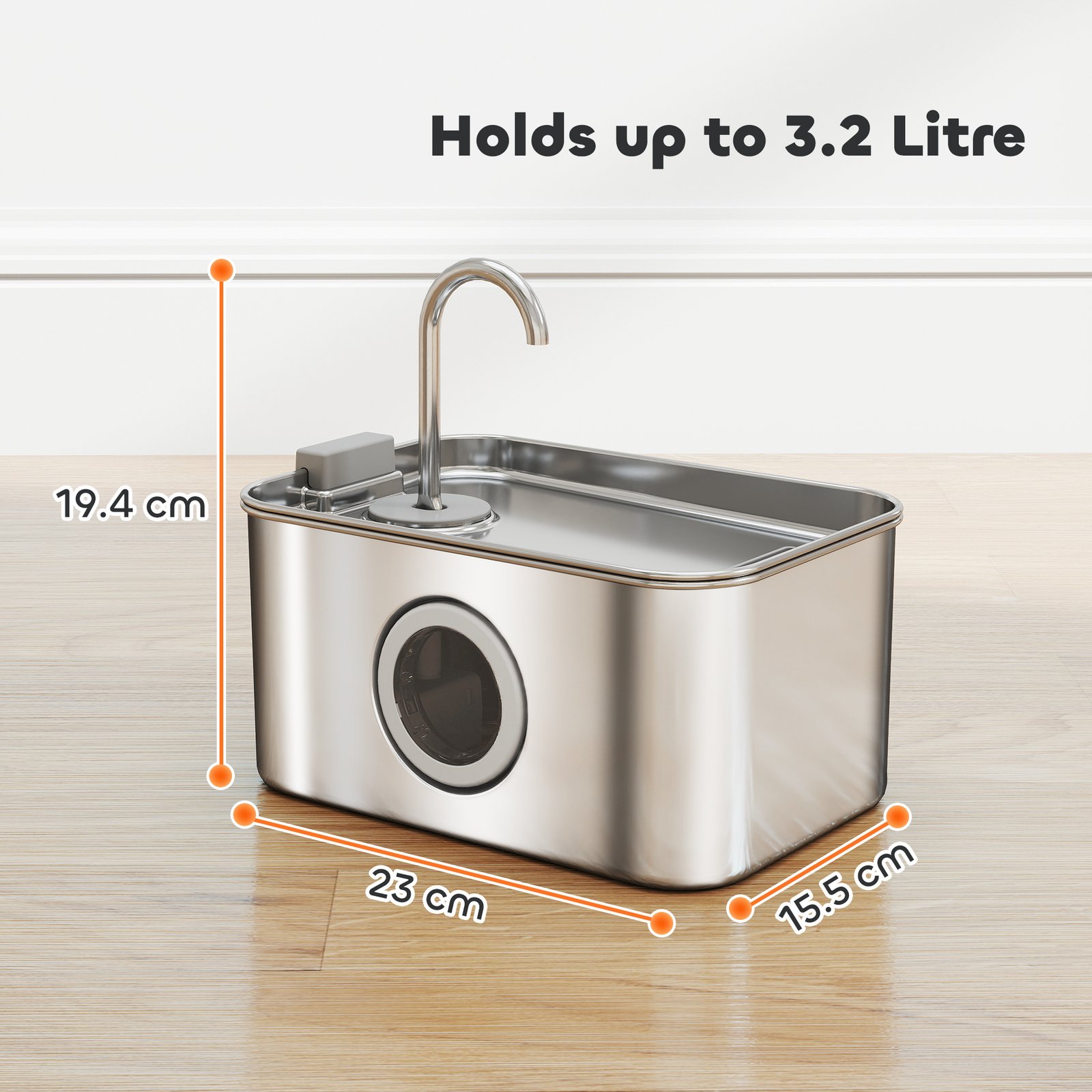 PawHut 3.2L Cat Water Fountain for Drinking, Cat Fountain Stainless Steel with Visible Water-Level Window, Ultra-Silent Pump - Image 3