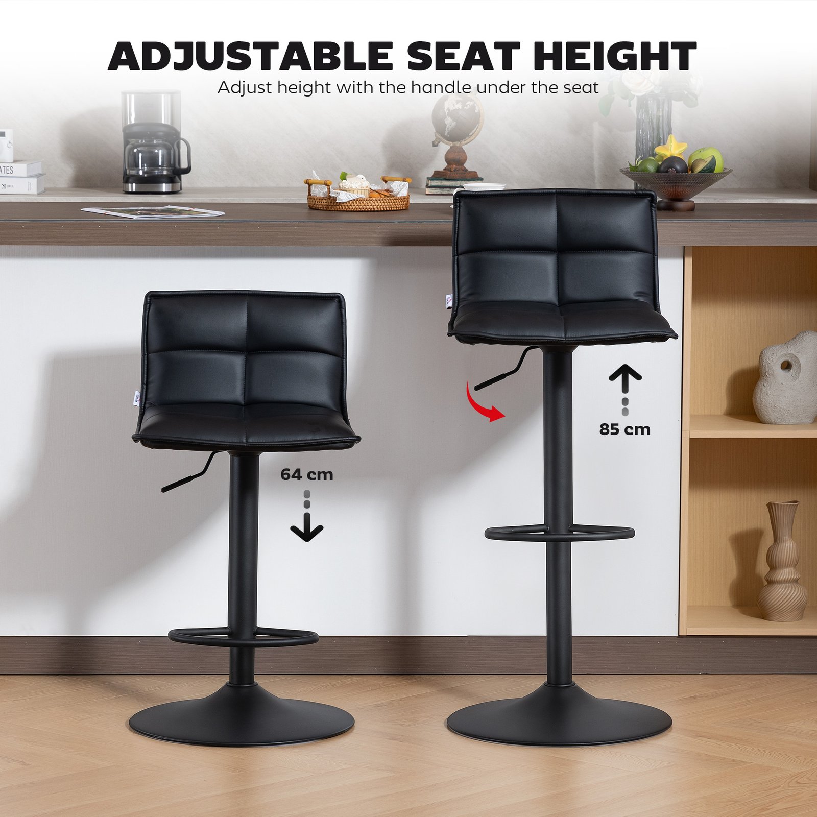HOMCOM Set of Two Modern Faux Leather Bar Stools - Black - Image 5