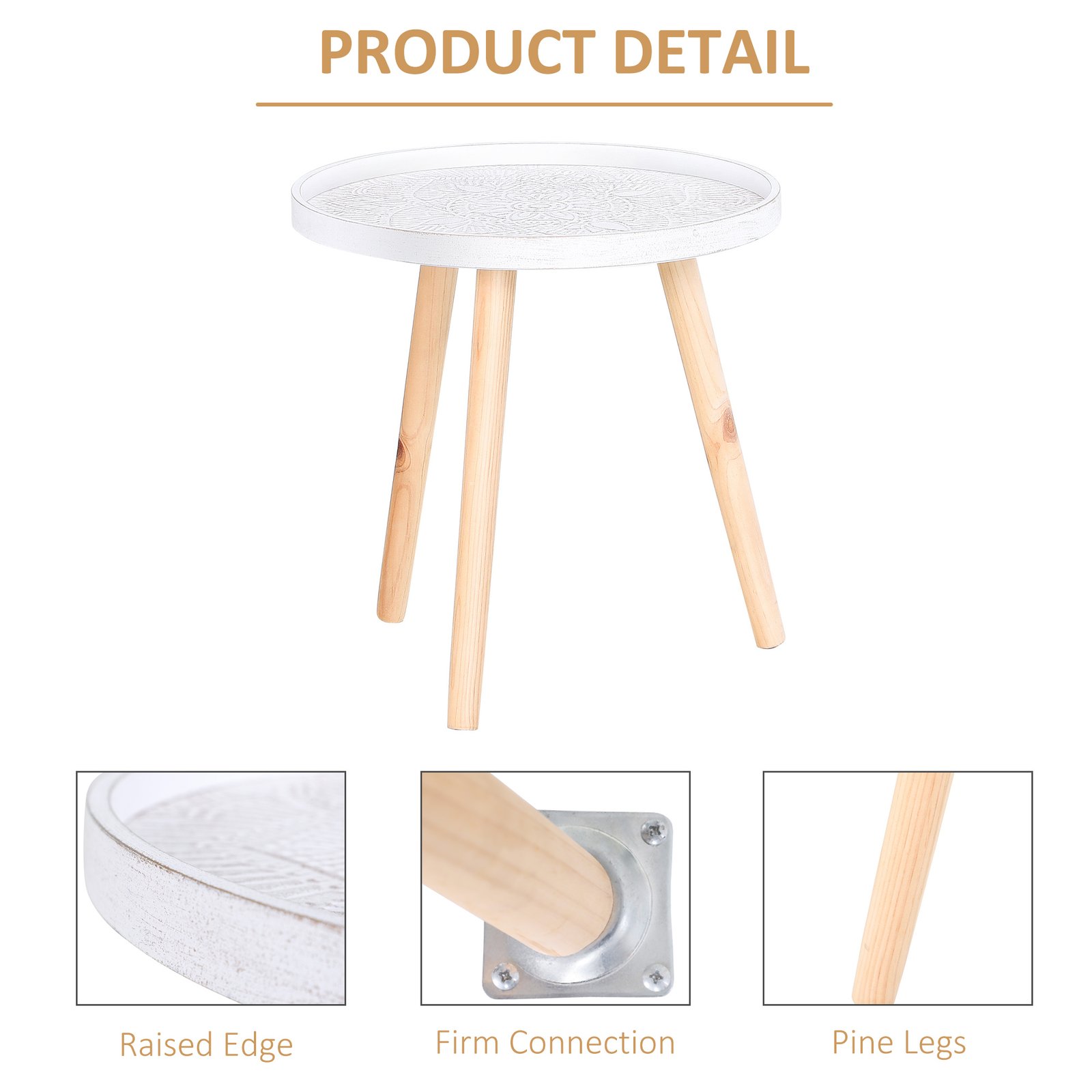 HOMCOM Coffee Table, Carved Floral Round Table with Tray-style Top and Wood Legs, Modern Side Table for Living Room, Set of 2, White - Image 6