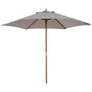 Outsunny 2.5m Wood Garden Parasol Sun Shade Patio Outdoor Wooden Umbrella Canopy, Table Market Umbrella with Vent, 38mm Pole, Rope Pulley Mechanism, Grey