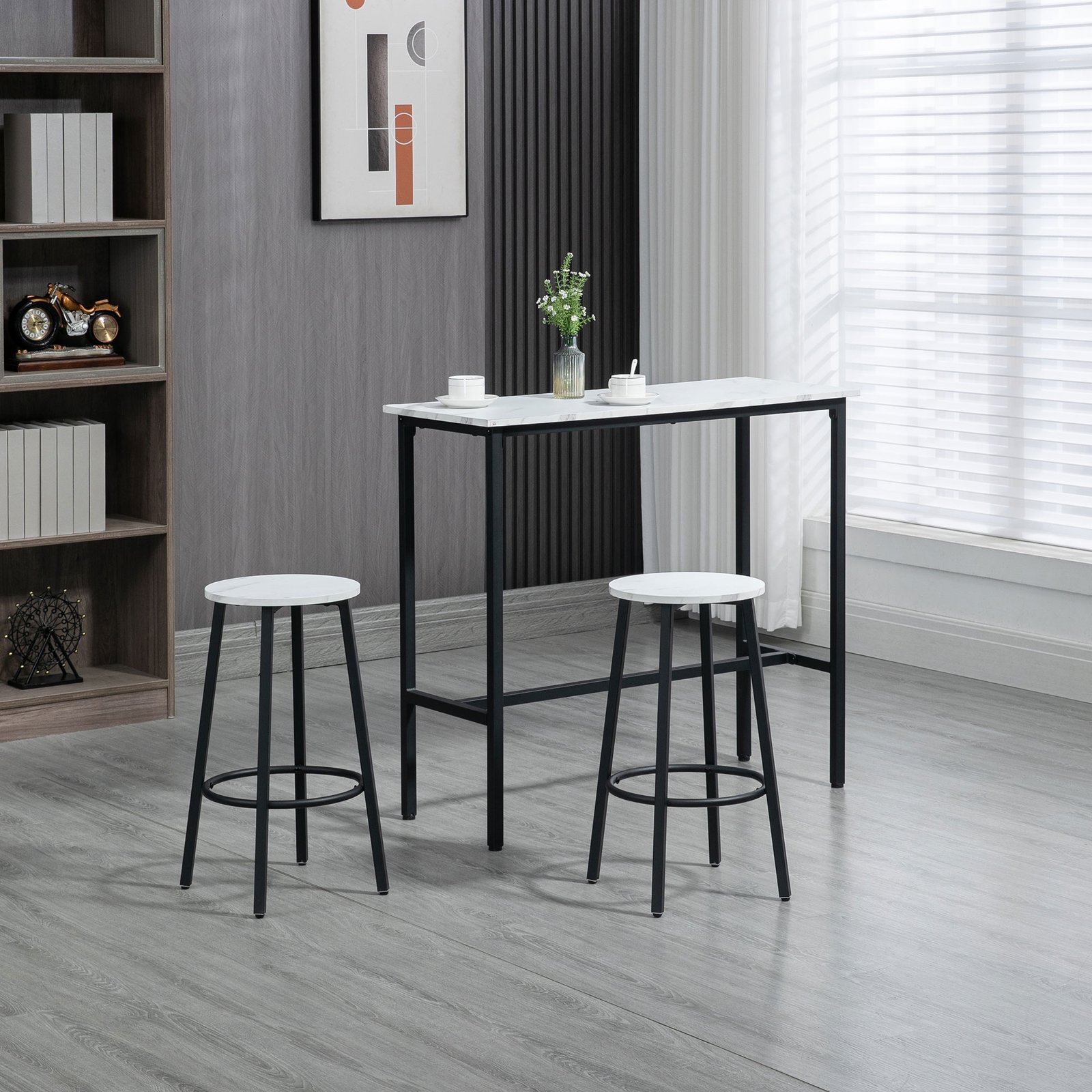HOMCOM Three-Piece Marble-Effect Bar Table Set - White/Black - Image 2