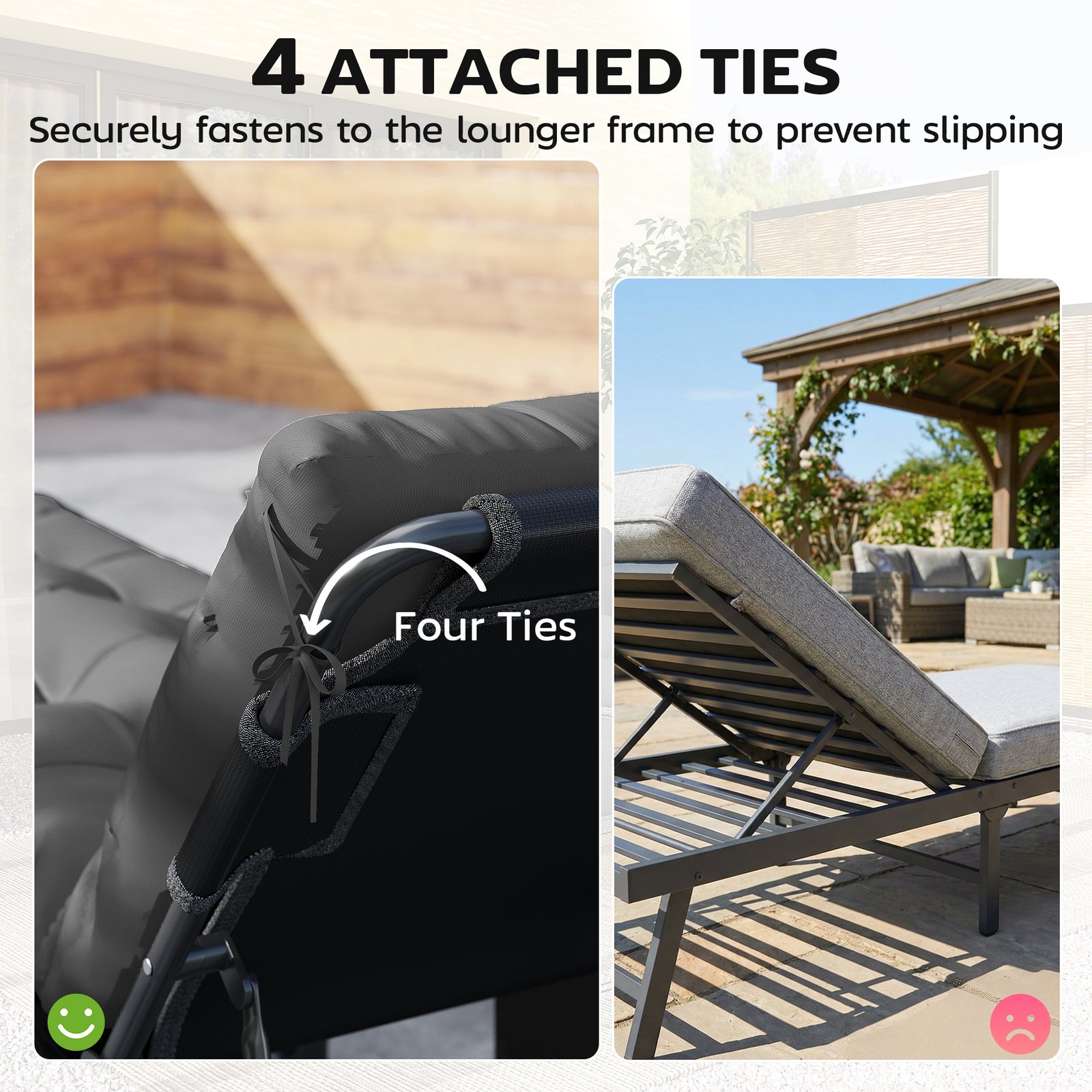 Outsunny Sun Lounger Cushions Only, Garden Lounge Chair Cushions Set of 2, Sunbed Replacement Pads with 4 Ties, Dark Grey - Image 6
