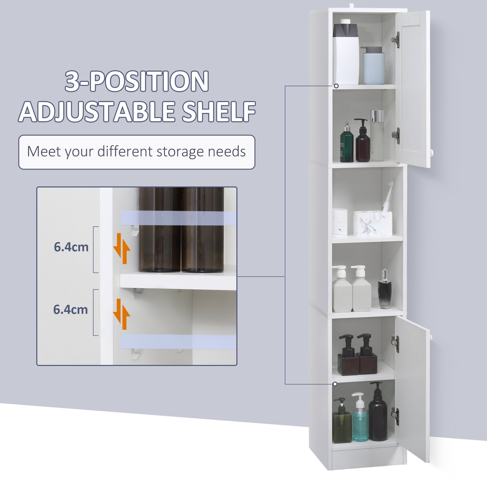 kleankin Tall Bathroom Storage Cabinet with Mirror, Narrow Bathroom Unit, Freestanding Bathroom Cupboard with Adjustable Shelves and 2 Doors, White - Image 5