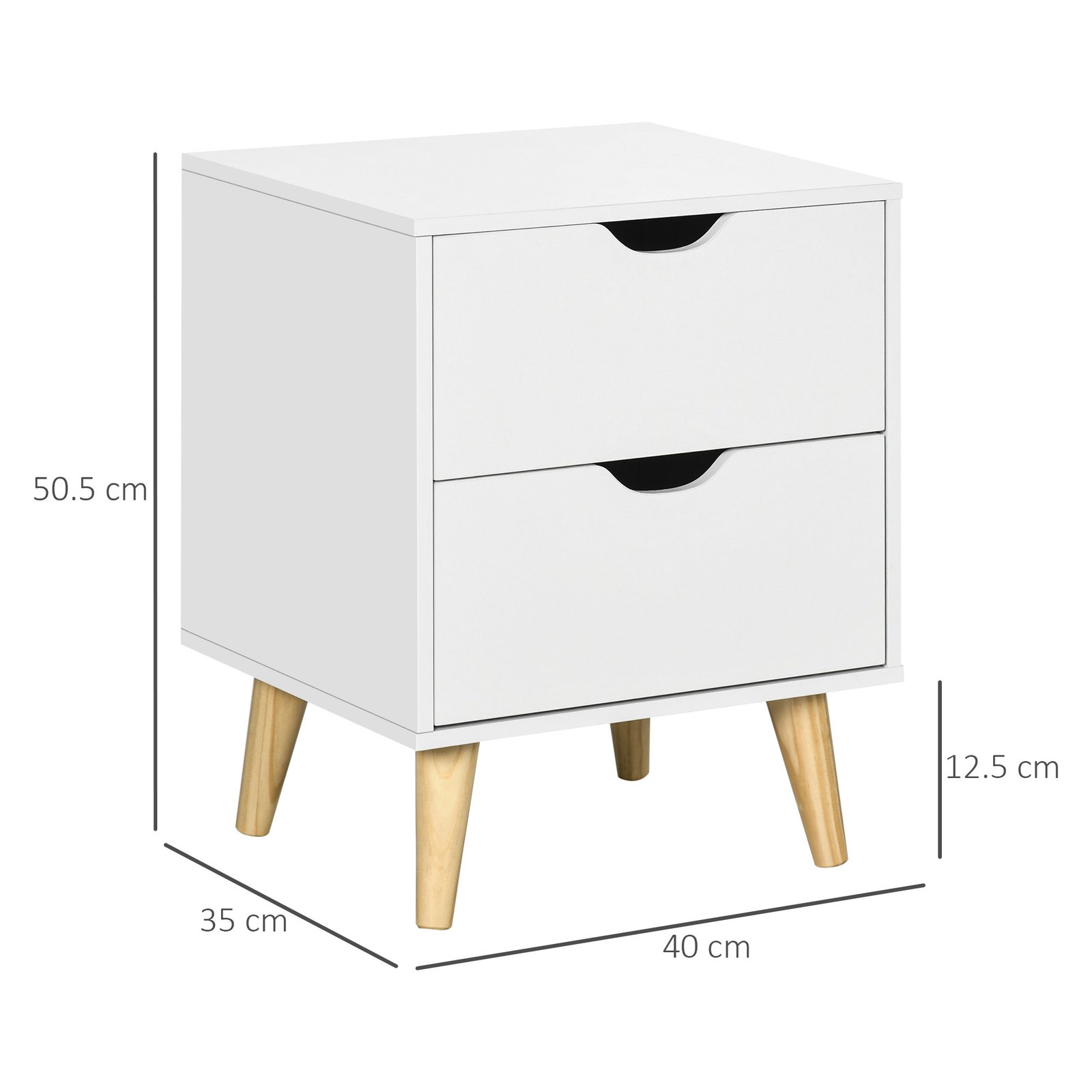 HOMCOM Bedside Table, Bedside Cabinet with 2 Drawers, Side End Table with Pine Wood Legs for Bedroom Living Room, White - Image 3