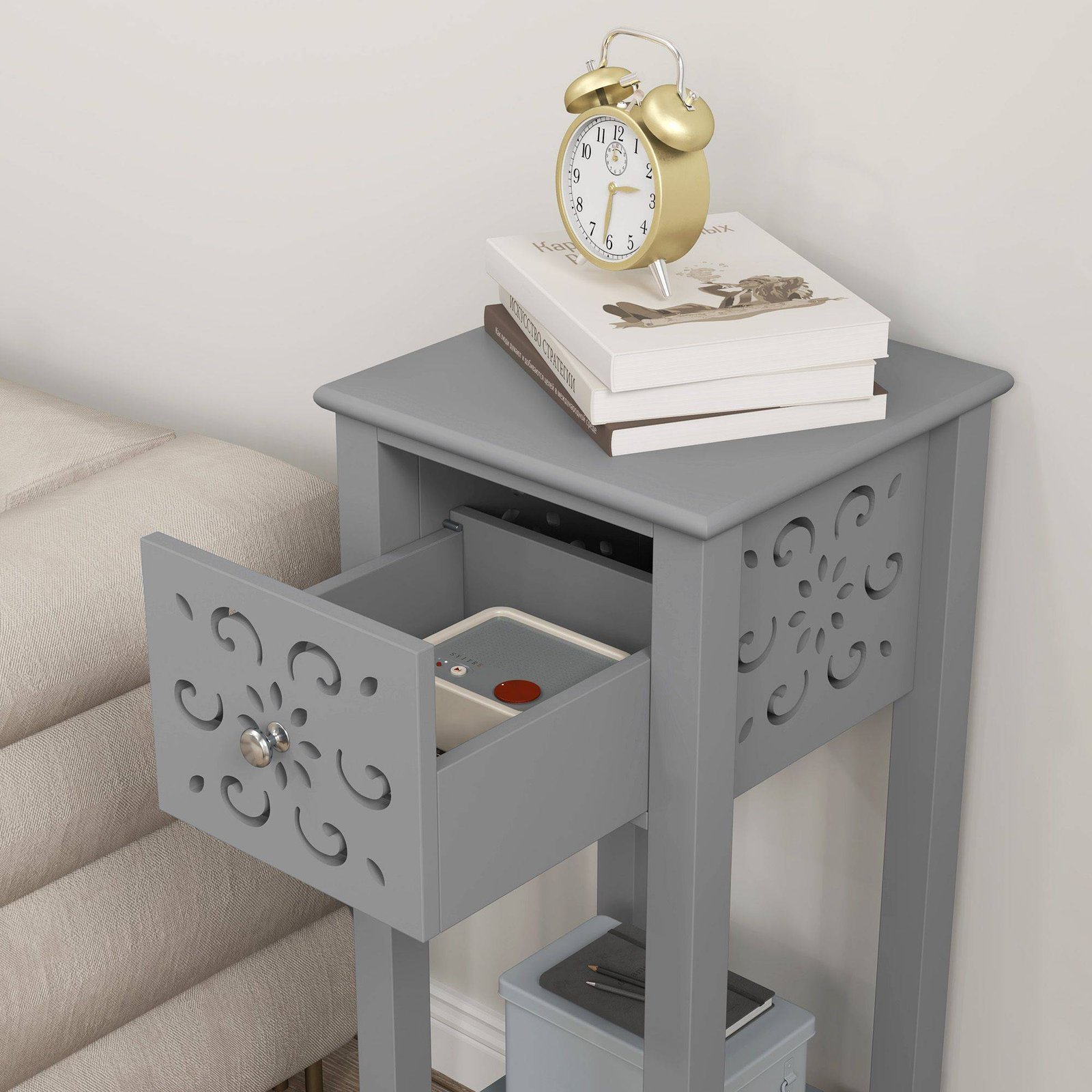 HOMCOM Set of Two Elegant Floral Cut-Out Side Tables - Grey - Image 8