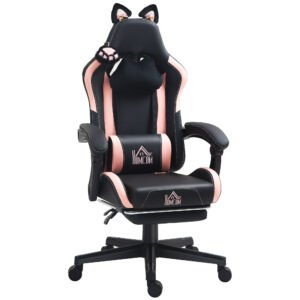 HOMCOM Cat Ear and Paw Reclining Office Chair, with Footrest - Black/Pink