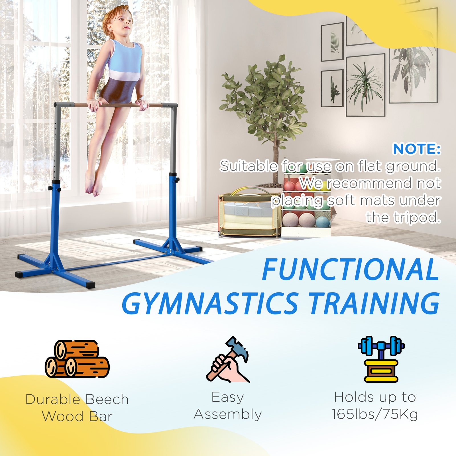 HOMCOM Height Adjustable Gymnastics Horizontal Bar for Kids, Children Junior Kip High Bar Fitness, Blue - Image 5