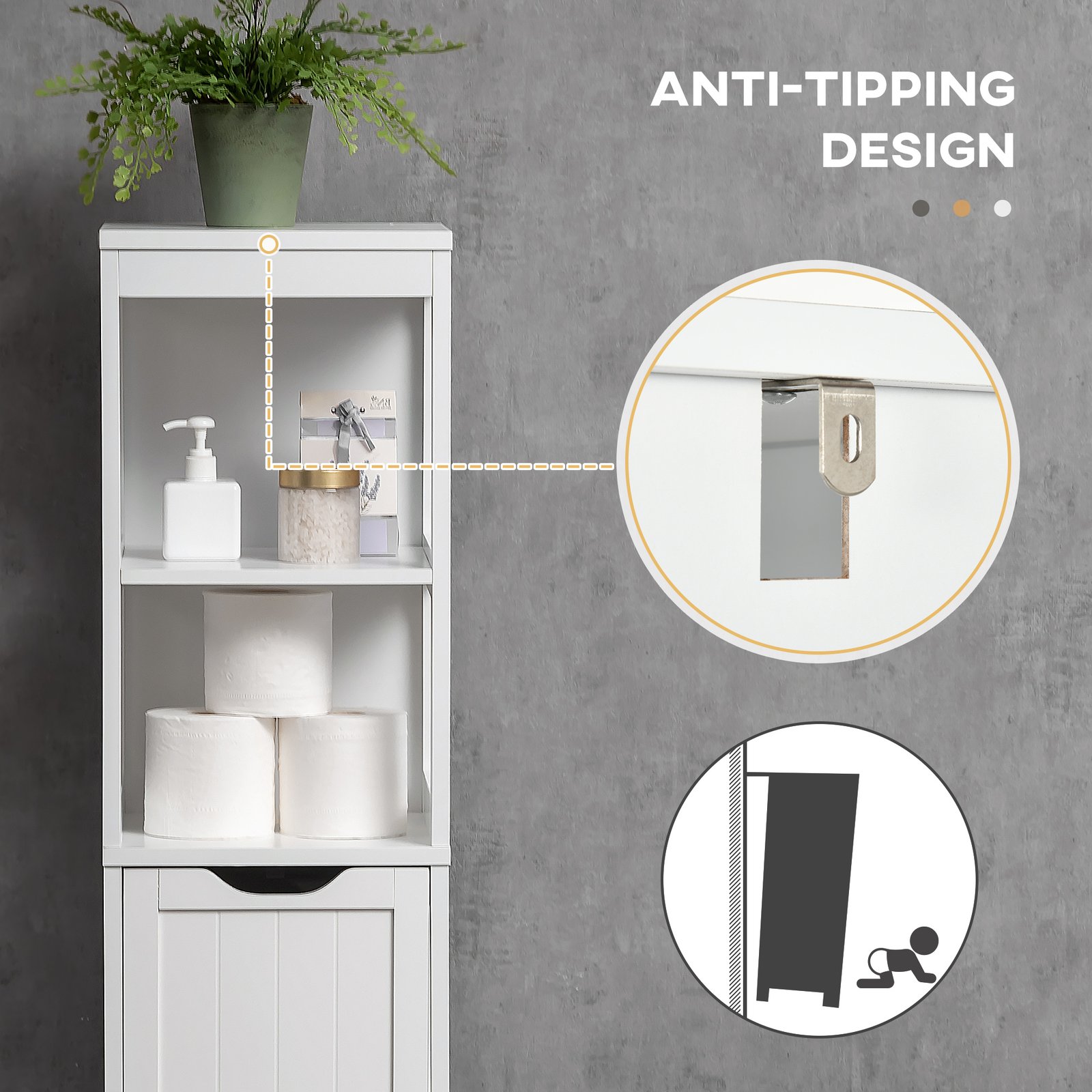 HOMCOM Narrow Floor Cabinet, Bathroom Cabinet with 3 Drawers and 2 Open Shelves, 30W x 30D x 141.6Hcm, White - Image 6