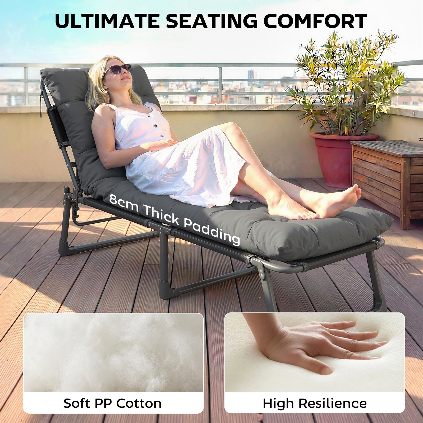 Outsunny Sun Lounger Cushions Only, Garden Lounge Chair Cushions Set of 2, Sunbed Replacement Pads with 4 Ties, Dark Grey - Image 4