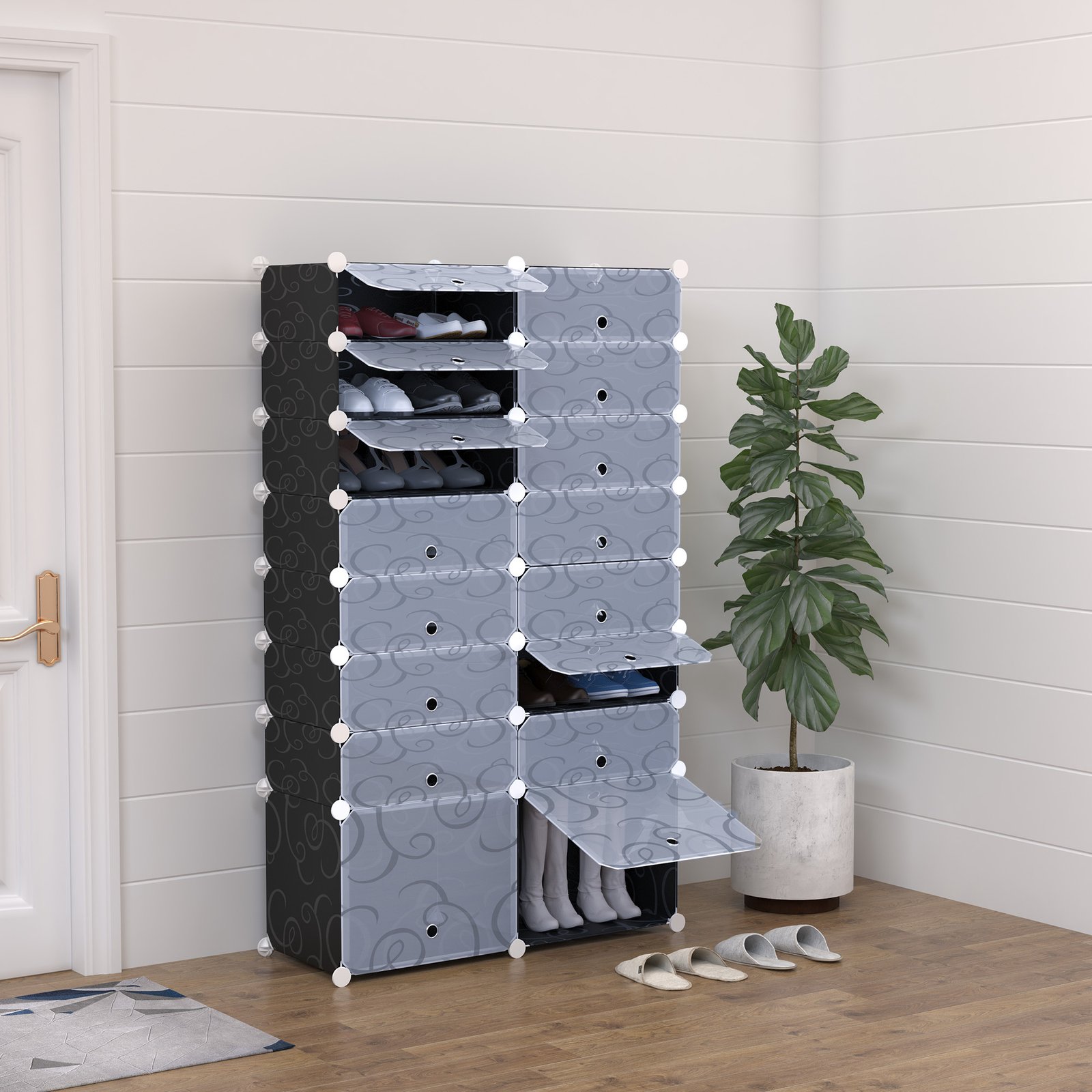 HOMCOM 16 Cube Shoe Rack, 2 x 8 Tier Shoe Storage Cabinet, Modular Plastic Shelves for Bedroom, Living Room and Entryway, Space Saving Footwear Organizer, 32 Pairs, White and Black - Image 2