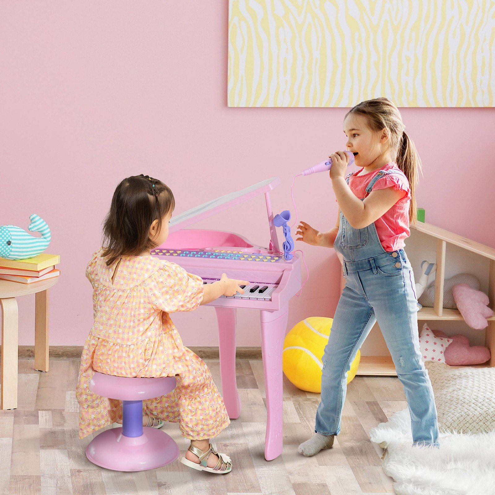 HOMCOM 37 Keys Kids Mini Electronic Keyboard Children Grand Piano with Stool Microphone Light Musical Instrument Educational Game Toy Set (Pink) - Image 2