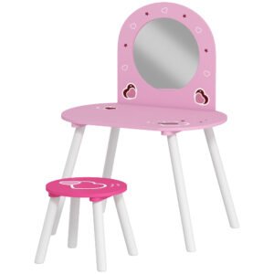 AIYAPLAY Kids Dressing Table with Mirror and Stool, Girls Vanity Set for Kids Room, Bedroom, Nursery, for Ages 36 Years, Pink