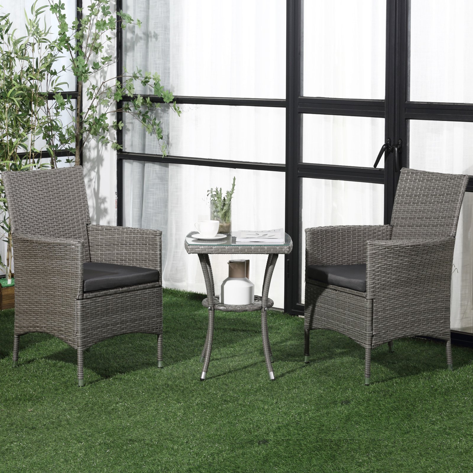 Outsunny 3 Pieces Rattan Bistro Set, Wicker Garden Furniture Set with 2-Tier Coffee Table and Chairs, Washable Cushions, for Outdoor Patio Balcony, Grey - Image 2
