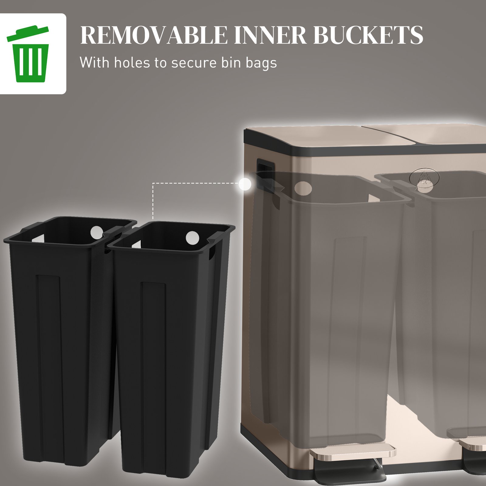 HOMCOM 40L Dual Compartment Stainless Steel Bin, with Deodoriser Holders - Gold Tone - Image 7