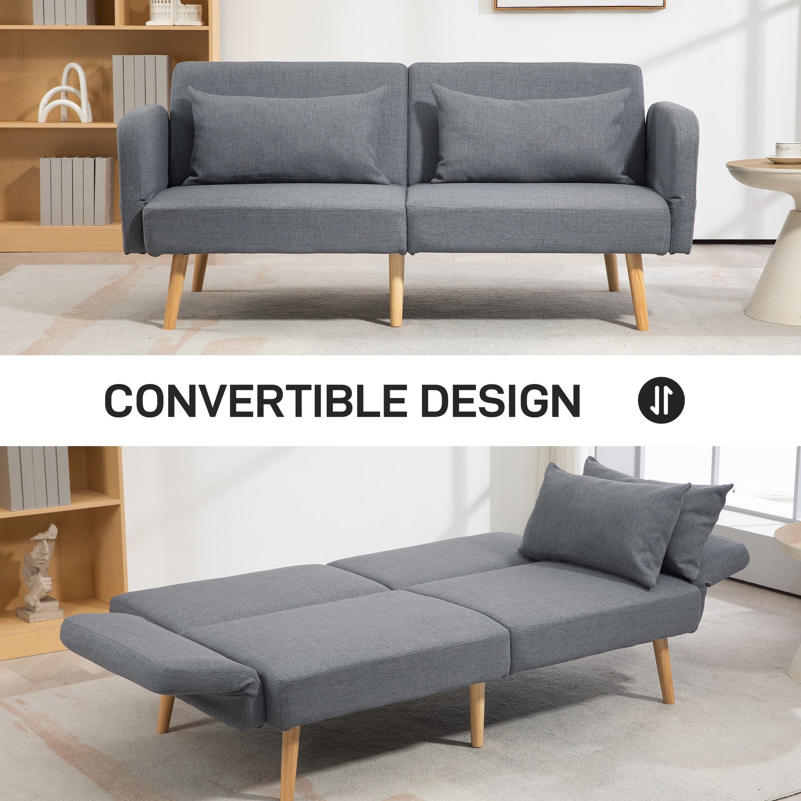 HOMCOM Two-Seater Click-Clack Sofa Bed, with Pillows - Grey - Image 4