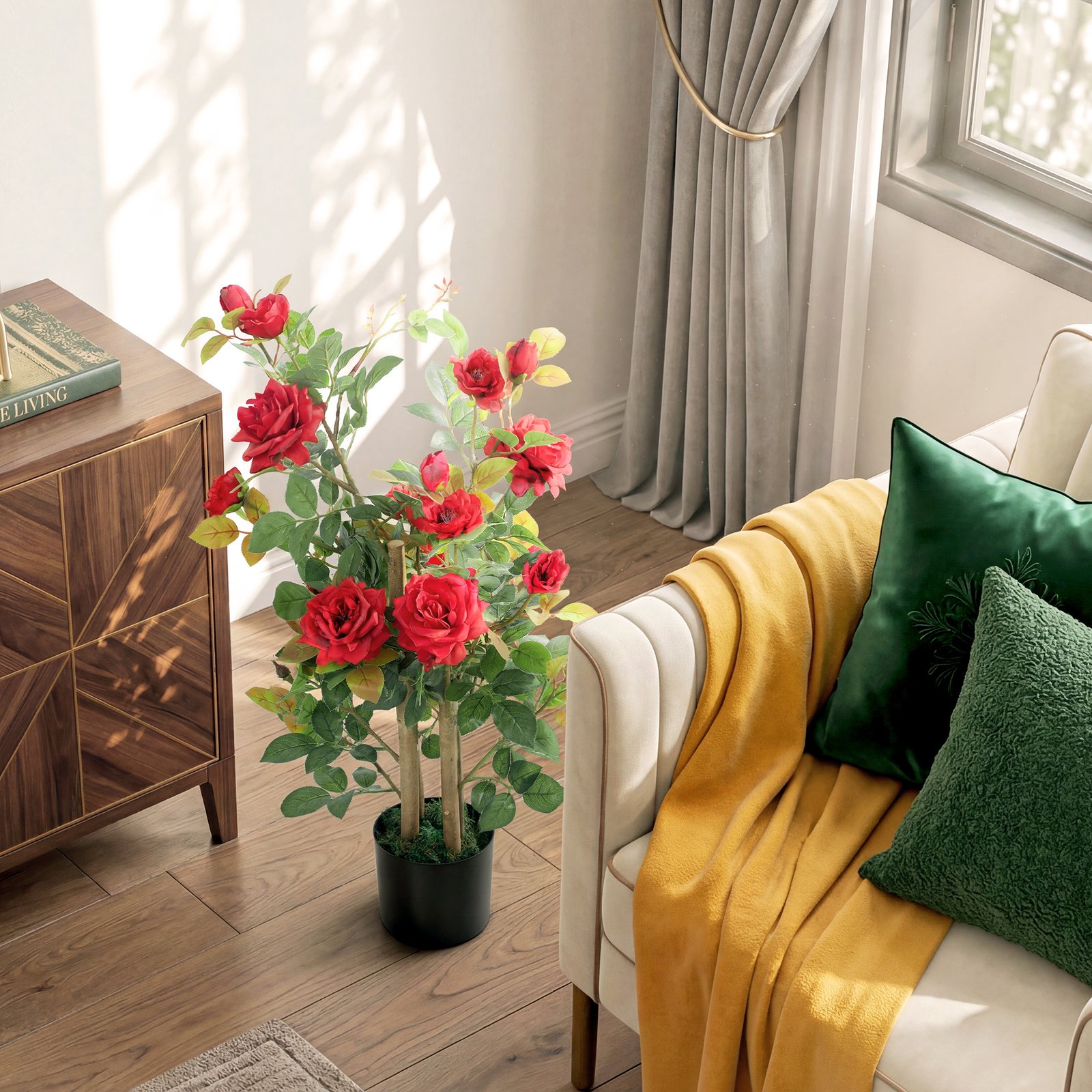 HOMCOM 90cm Artificial Rose Tree, Decorative Fake Plant with 344 Silk Leaves 17 Flowers for Outdoor Indoor Decor, Red - Image 7