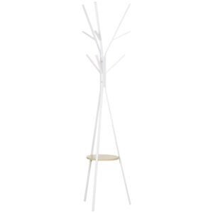 HOMCOM Freestanding Metal Coat Rack Stand 9 Hooks Clothes Tree with 1 Shelf Hat Display Hall Tree Hanger Bag Umbrella Hanging Organiser White