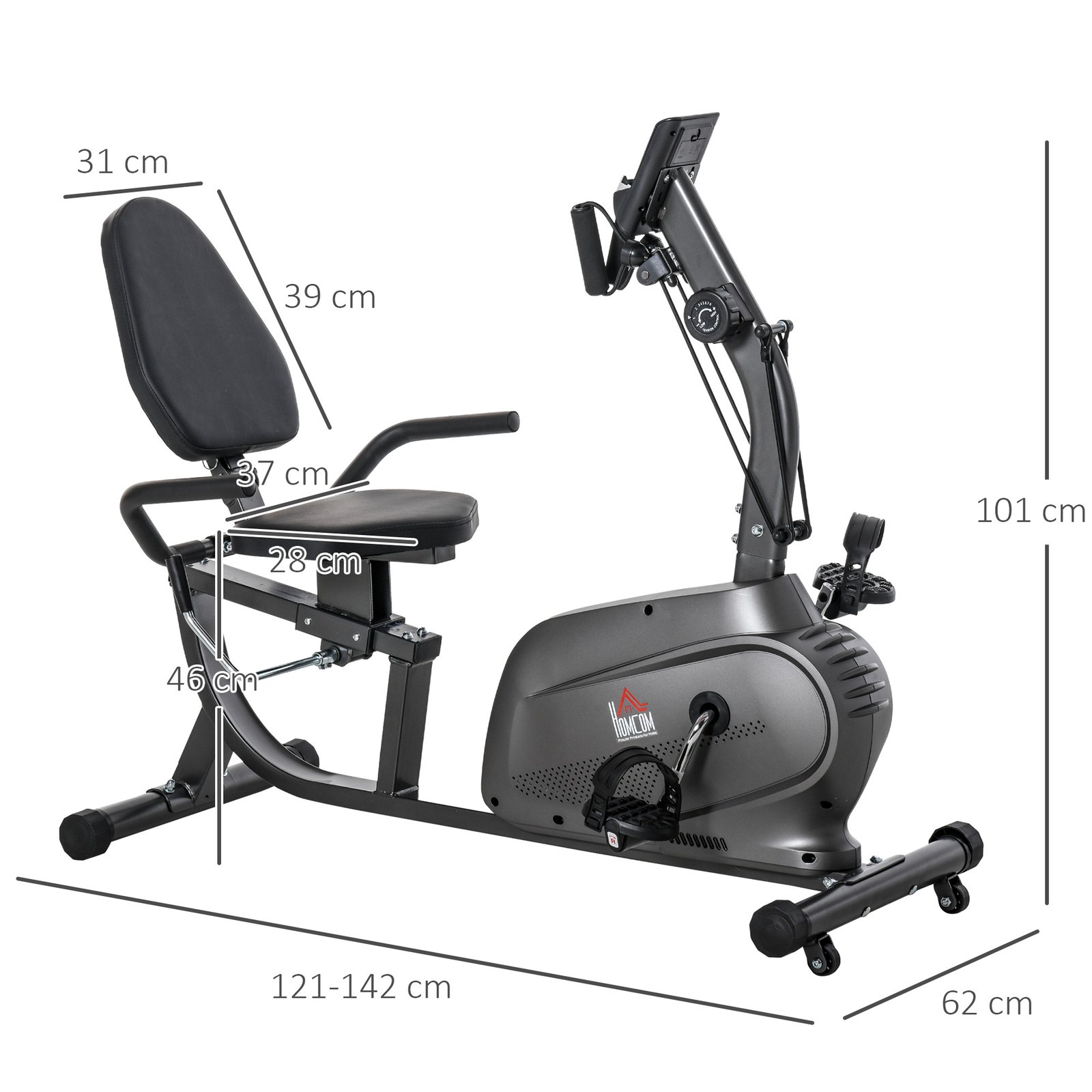 HOMCOM Recumbent Seated Exercise Bike, Recovery Rehab Exercise Bike Home Exerciser, 8-Level Magnetic Resistance Stationary Bike with Pad Holder, LCD Monitor, Wheels for Indoor Cardio Workout, Black - Image 3
