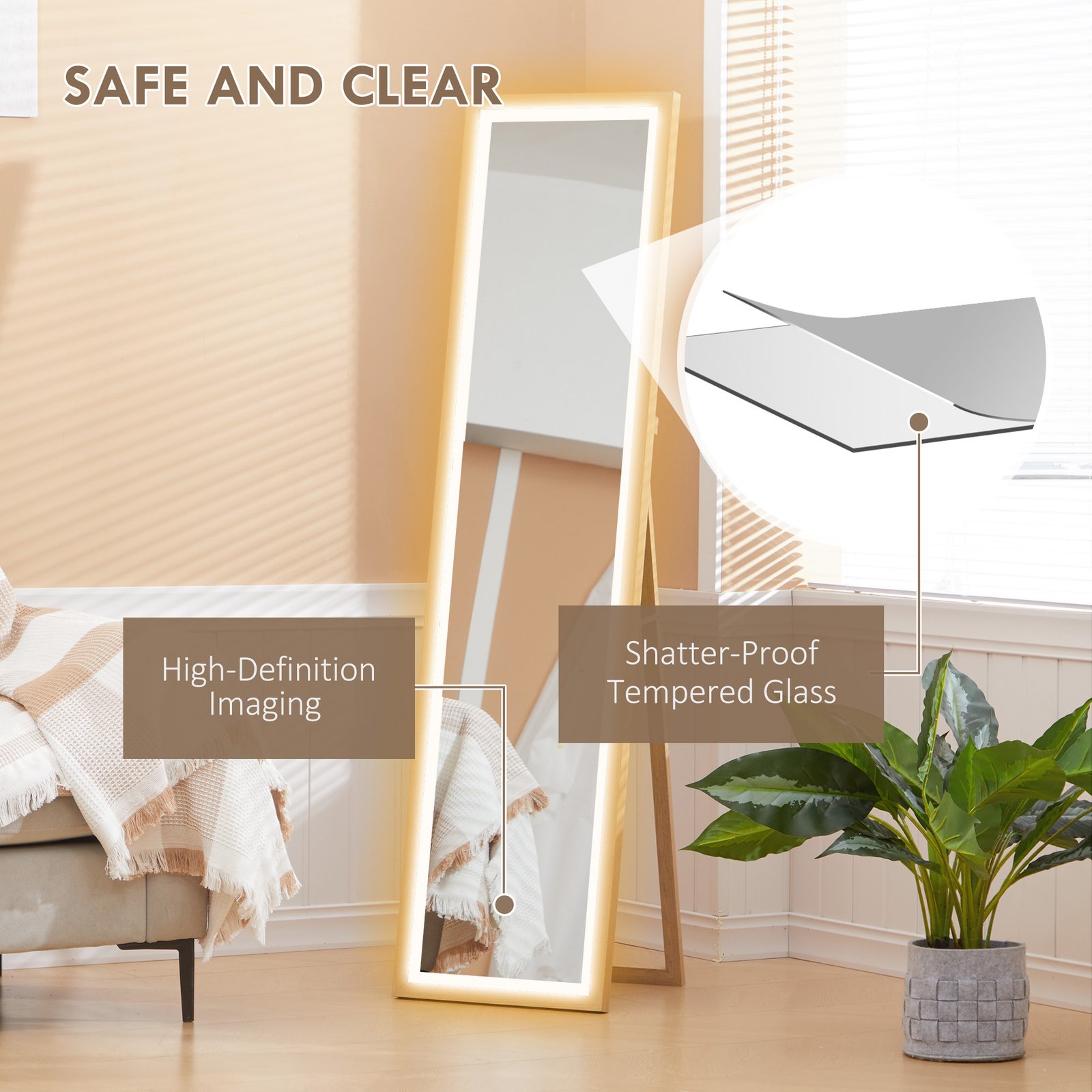 HOMCOM Full Length Mirror, with Adjustable Outer Light, Oak - Image 8