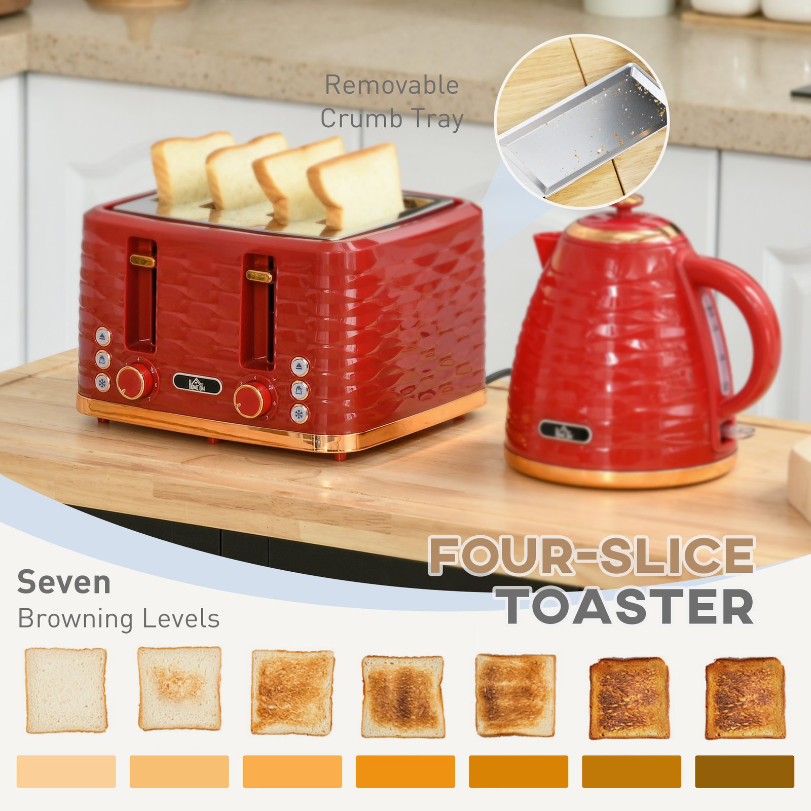 HOMCOM 3000W 1.7L Rapid Boil Kettle & 4 Slice Toaster, Kettle and Toaster Set with 7 Browning Controls and Crumb Tray, Red - Image 5