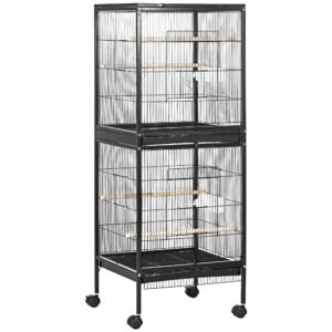 PawHut Bird Cage Budgie Cage 2 In 1 Large Aviary with Wheels Removable Trays for Finch Canaries Cockatiels Black