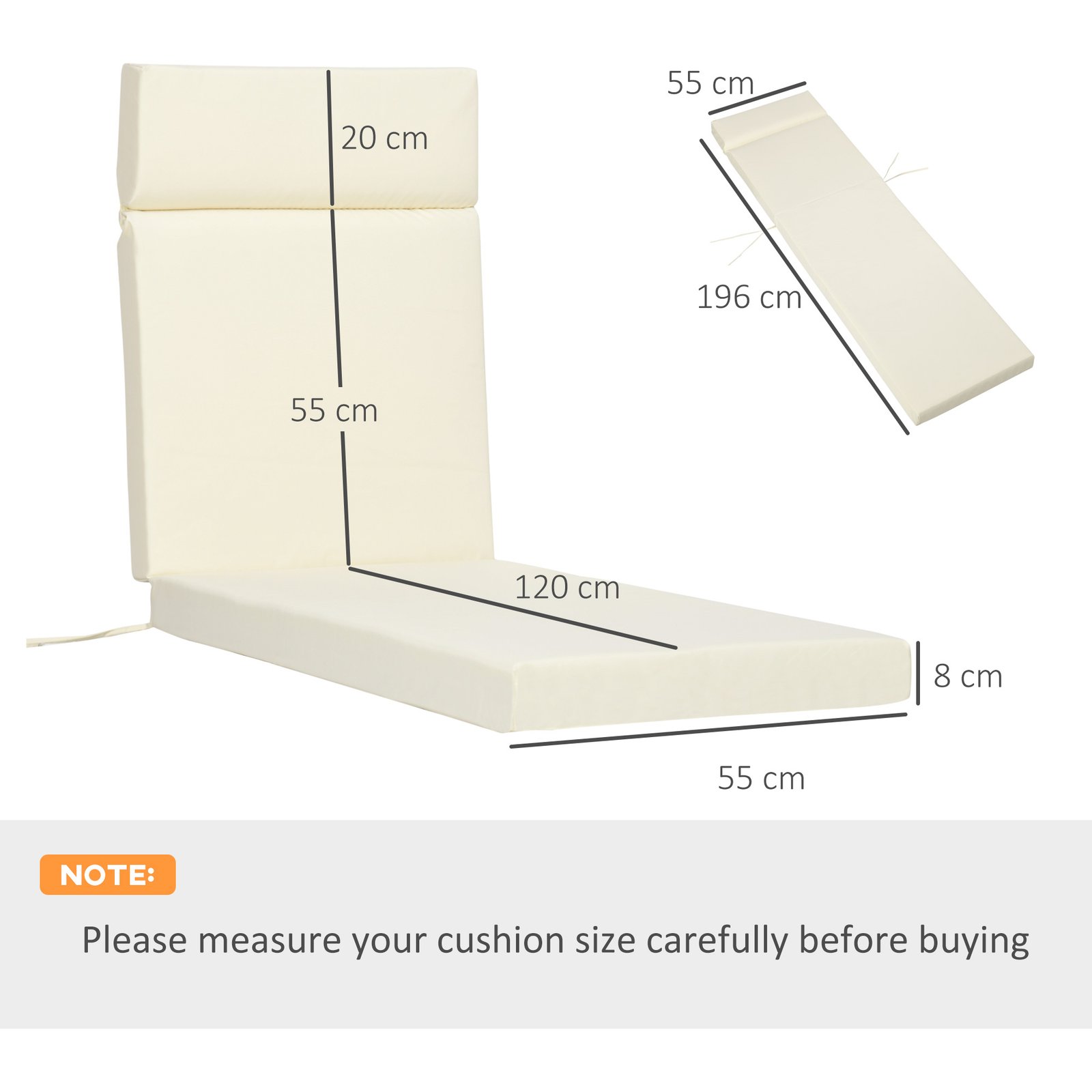Outsunny Set of 2 Sun Lounger Cushions, Replacement Cushions for Rattan Furniture with Ties, 196 x 55 cm, Cushion ONLY, Cream White - Image 3
