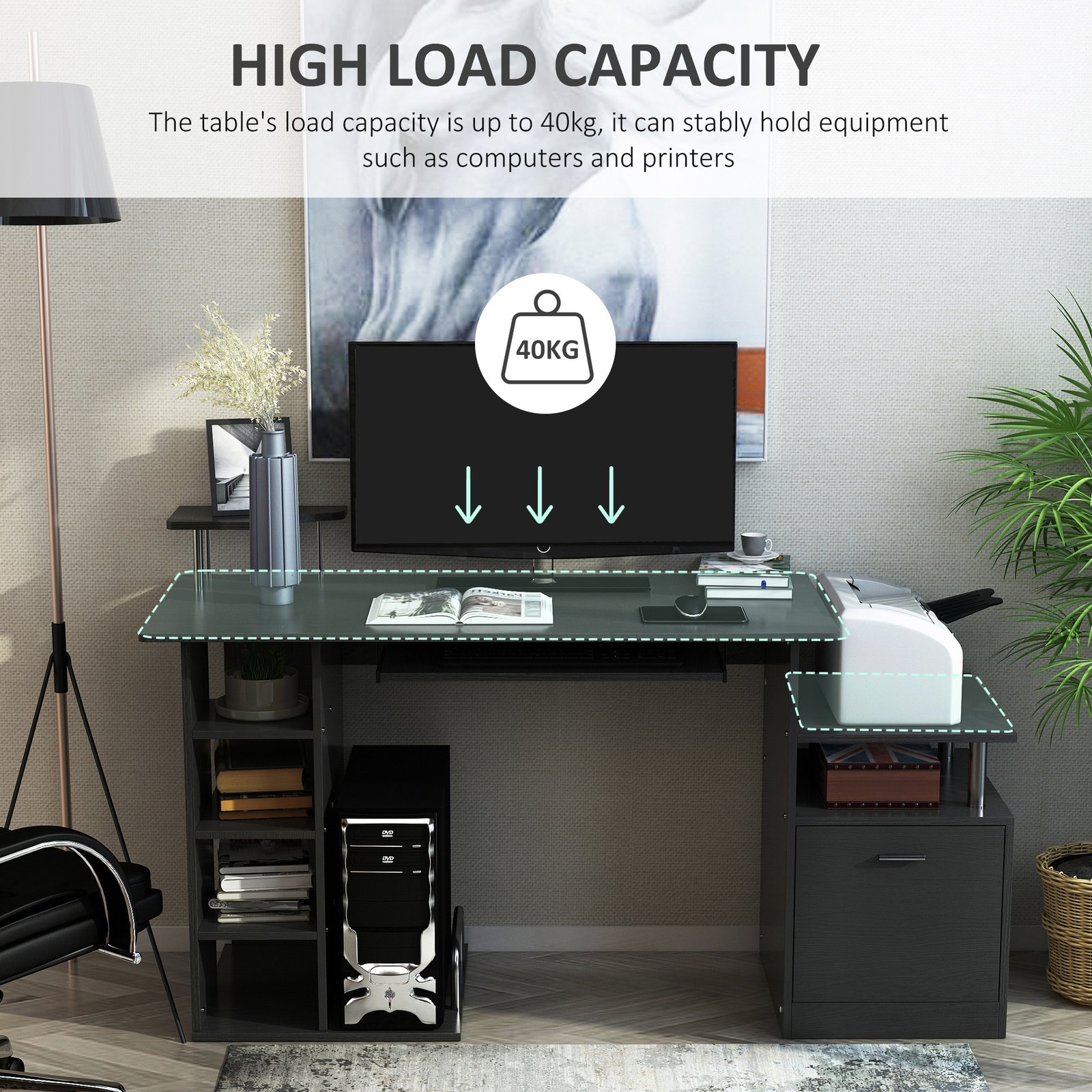 HOMCOM Computer Desk PC Workstation with Drawer Shelves CPU Storage Rack Home Office Furniture 152 x 60 x 88cm (BLACK) - Image 4